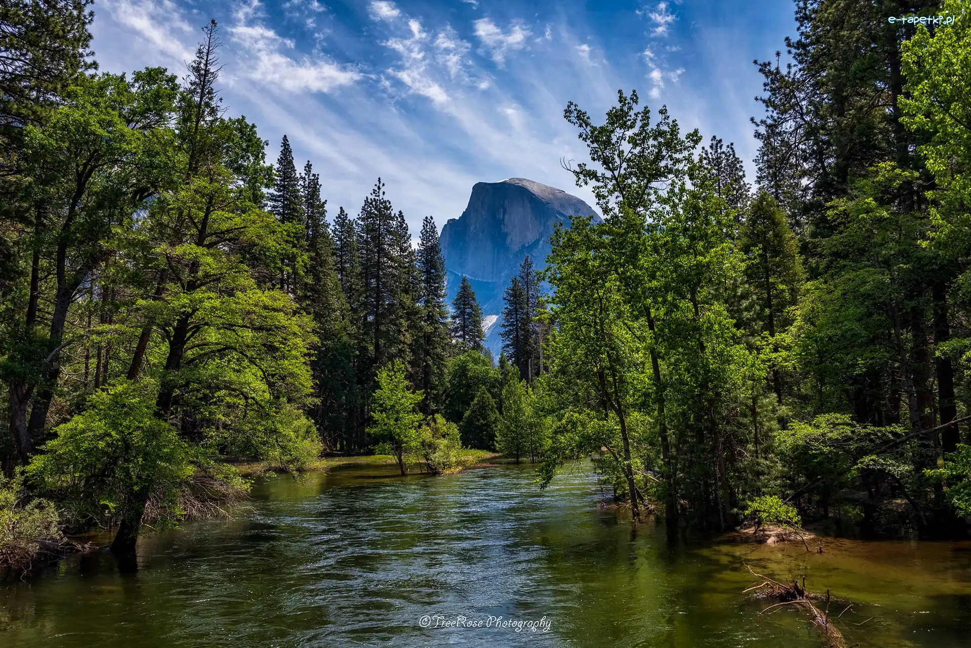 Merced River, Szczyt Half Dome, Stany Zjednoczone, Kalifornia, Rzeka, Drzewa, Park Narodowy Yosemite, Góry