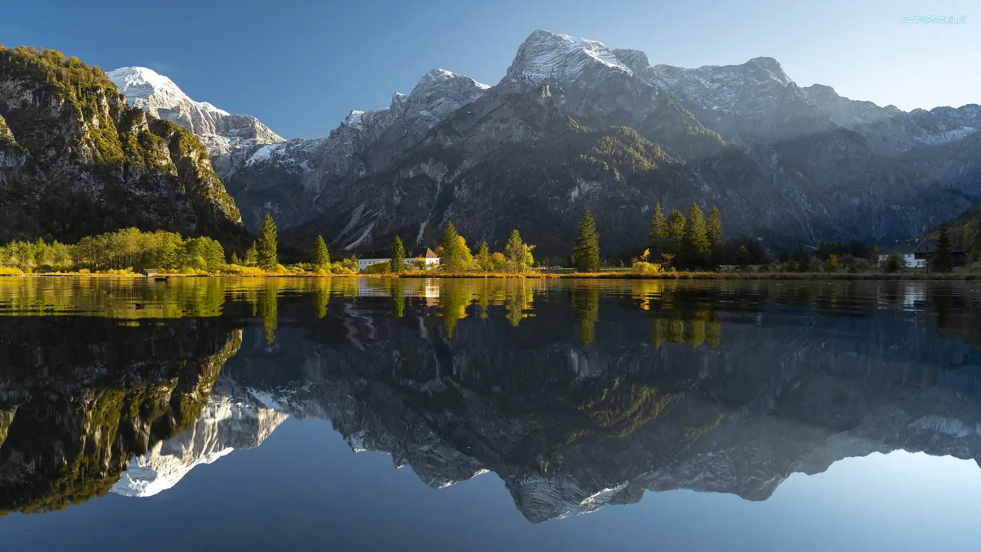 Austria, Lake Almsee, Drzewa, Jezioro, Góry, Odbicie, Dom