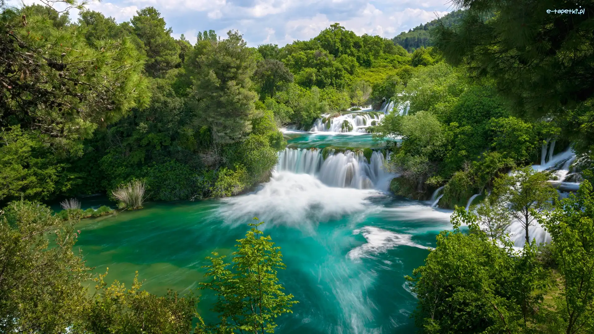 Park Narodowy Krka, Drzewa, Rzeka Krka, Chorwacja, Wodospad, Kaskada