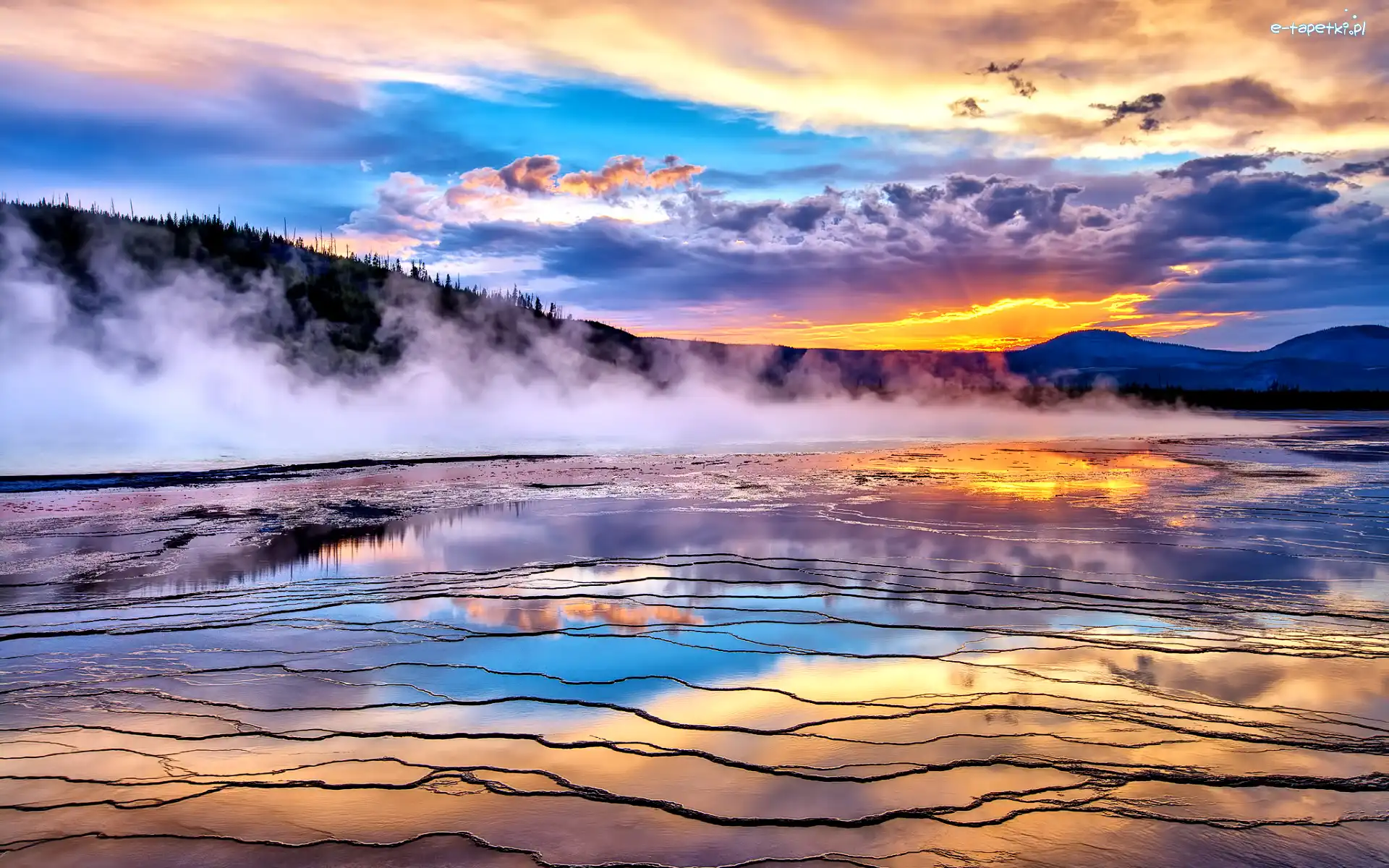Źródło, Park Narodowy Yellowstone, Zachód słońca, Wzgórze, Gorące, Opary, Las, Stany Zjednoczone