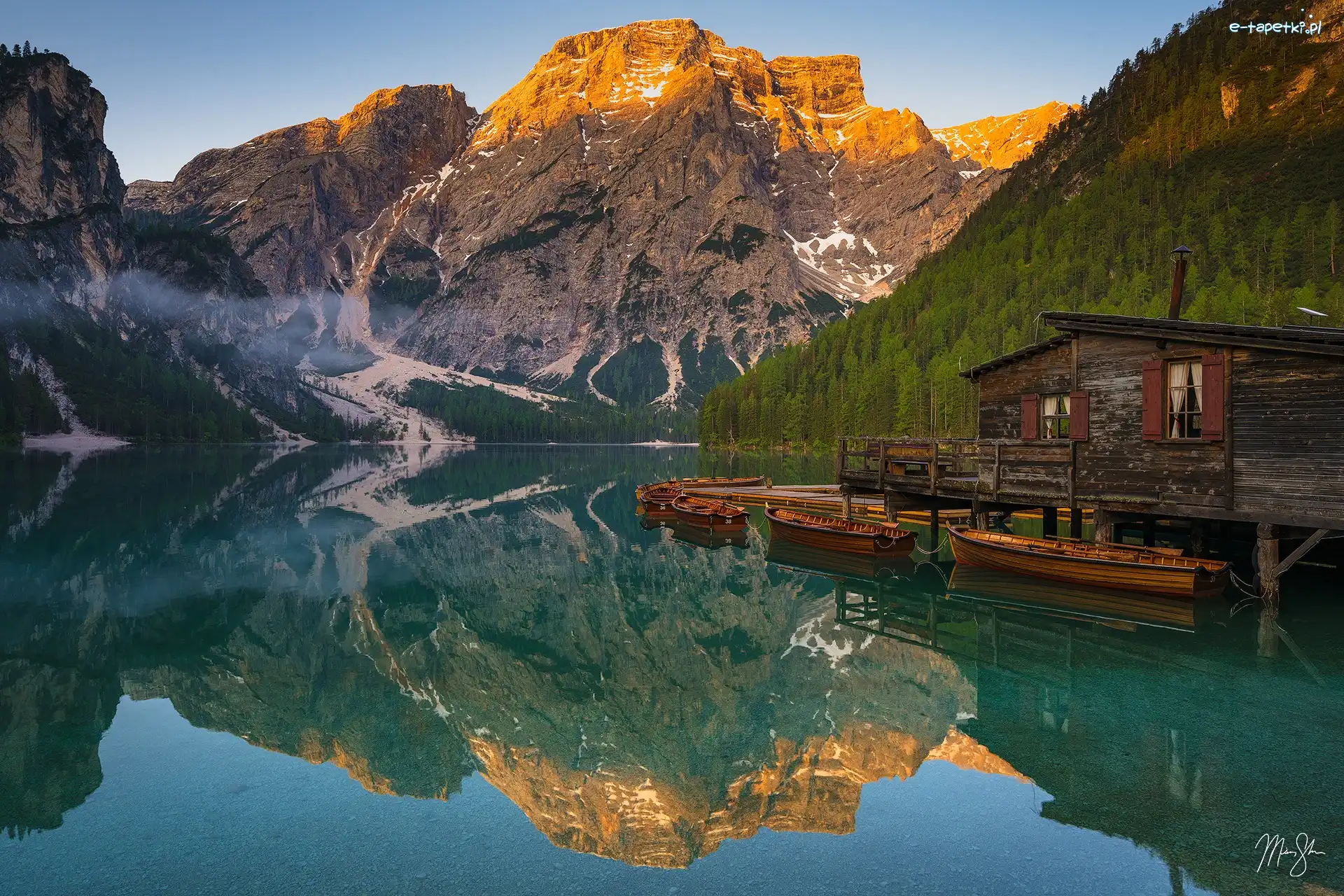 Dolomity, Włochy, Pomost, Jezioro, Domek, Lago di Braies, Góry, Drewniany, Pragser Wildsee, Południowy Tyrol, Łódki