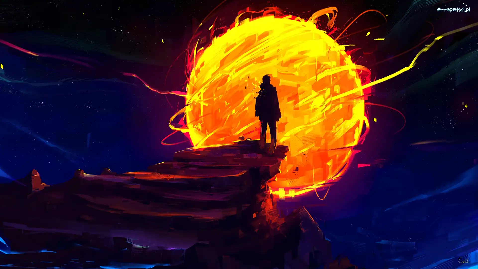 Księżyc, Digital art, Skała, Fantasy, Grafika, Noc, Mężczyzna