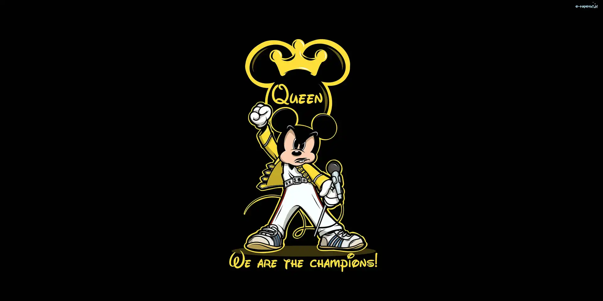 We Are the Champions, Wokalista, 2D, Tło, Queen, Mikrofon, Czarne, Myszka Miki