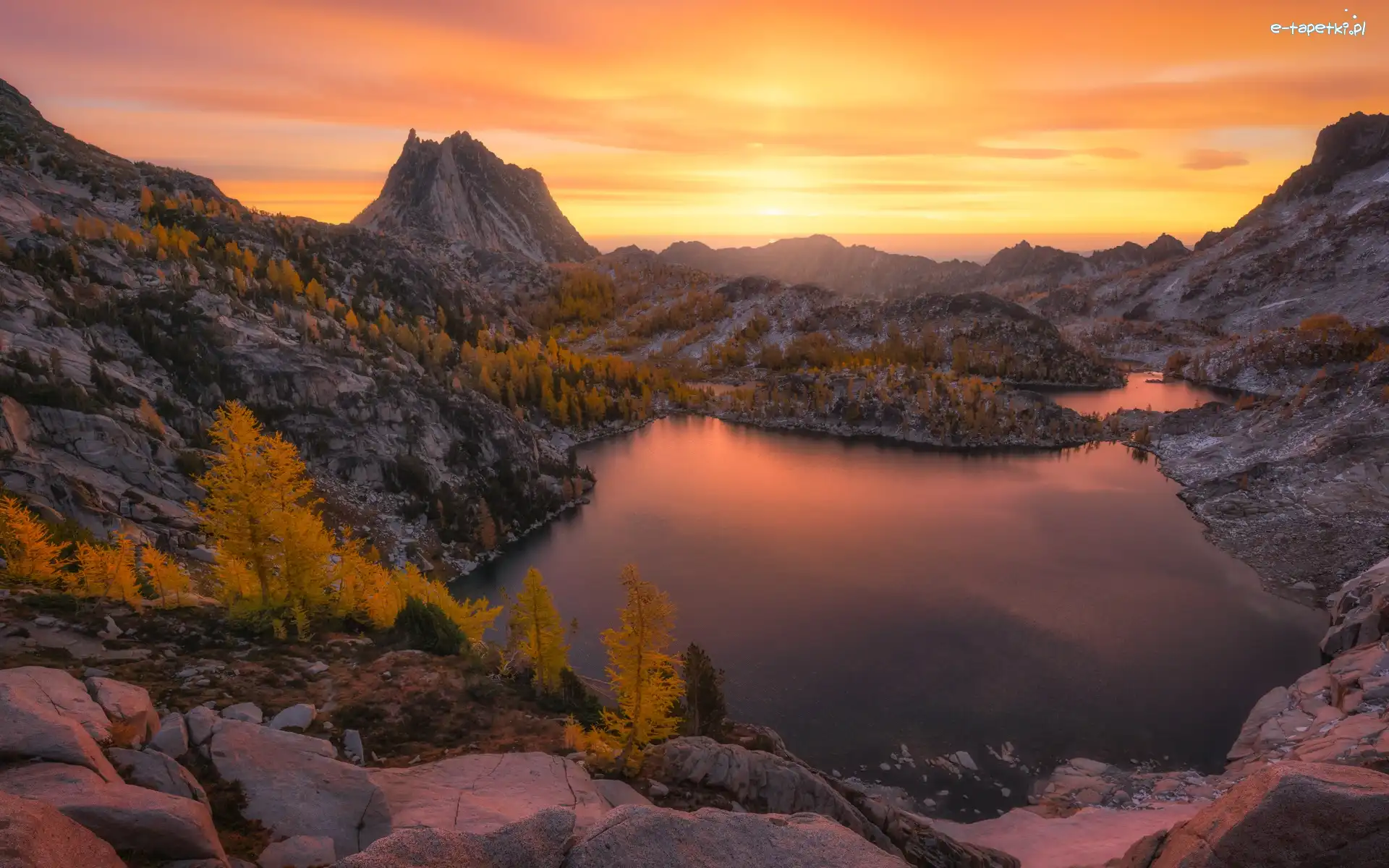Jezioro, Góry, Stany Zjednoczone, Kalifornia, Mount Shasta, Heart Lake, Zachód słońca, Góry Kaskadowe