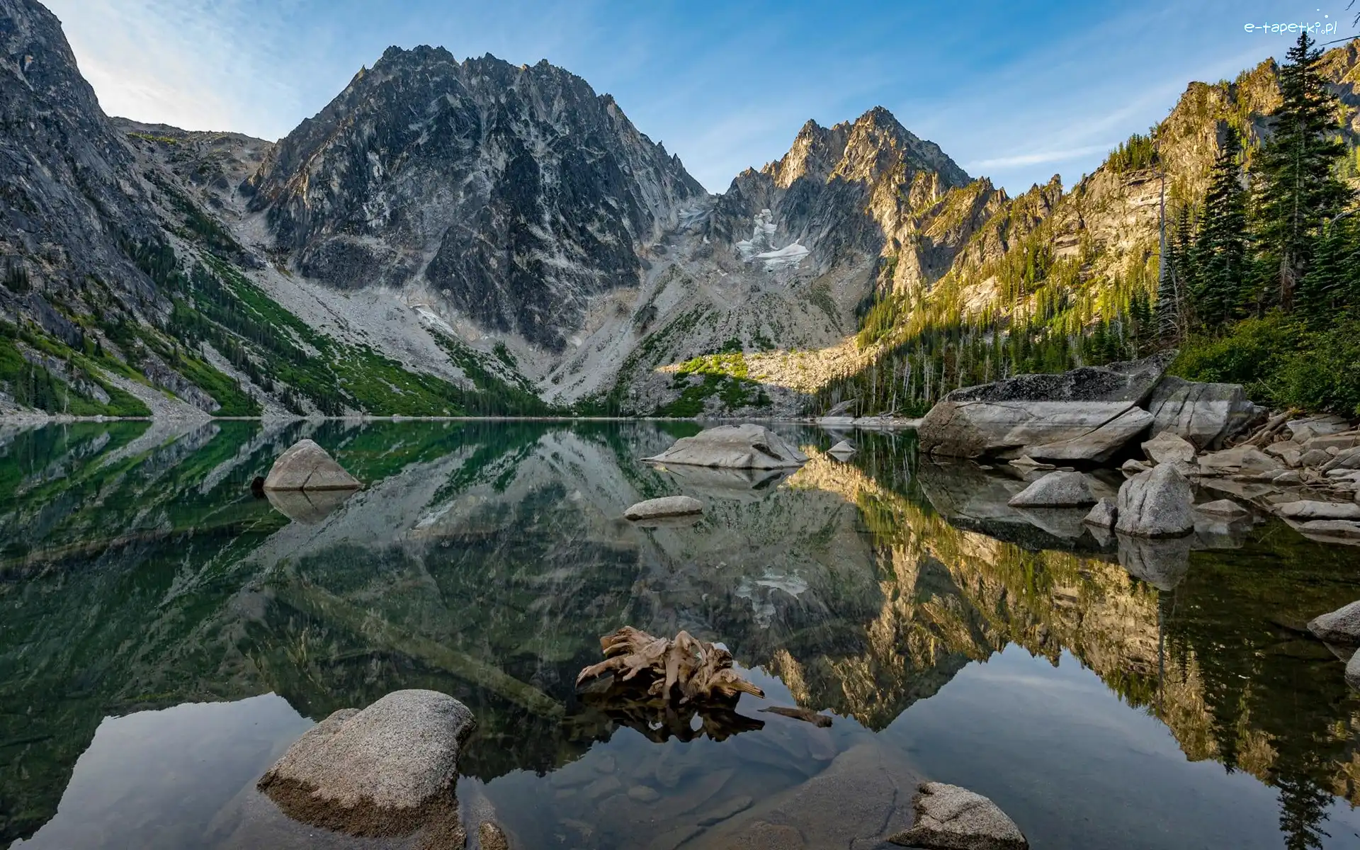 Stany Zjednoczone, Colchuck Lake, Drzewa, Jezioro, Góry, Stan Waszyngton, Kamienie