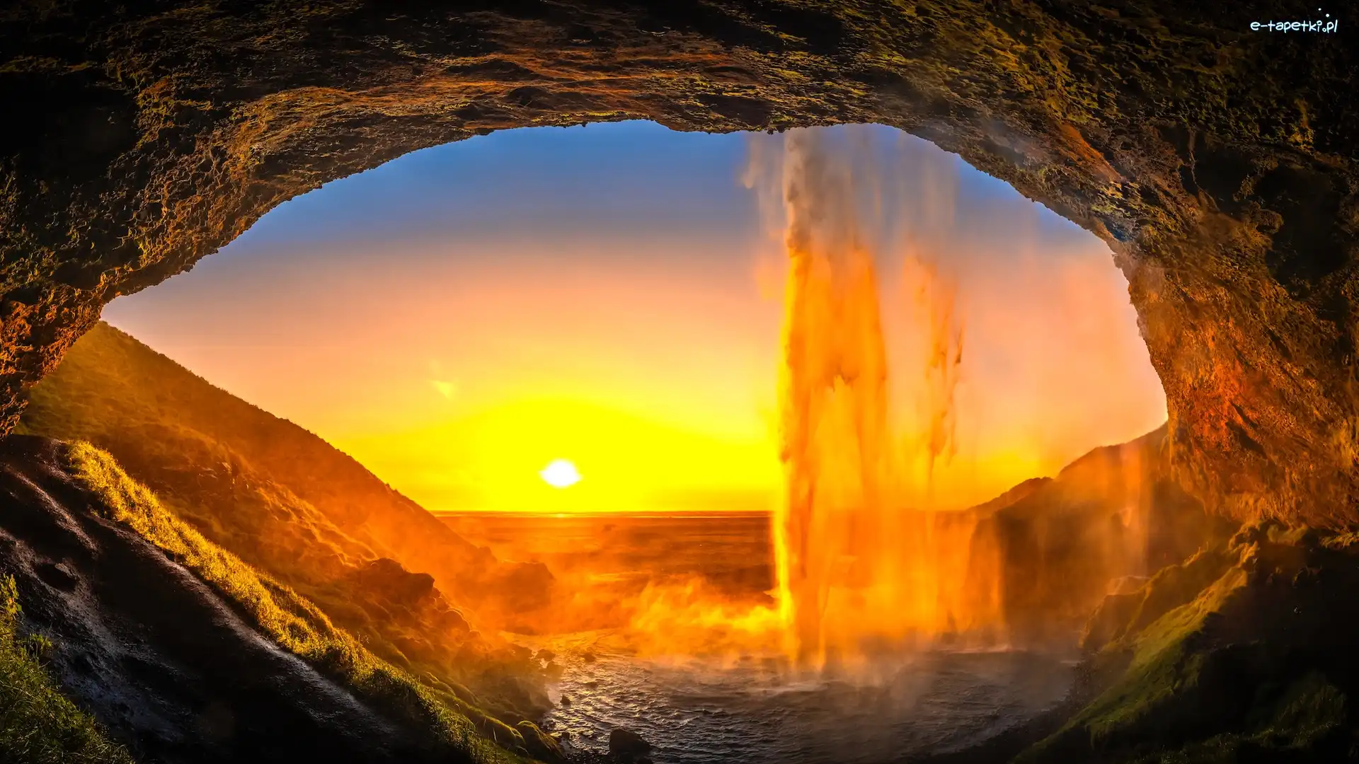 Skały, Seljalandsfoss, Wodospad, Islandia, Zachód słońca