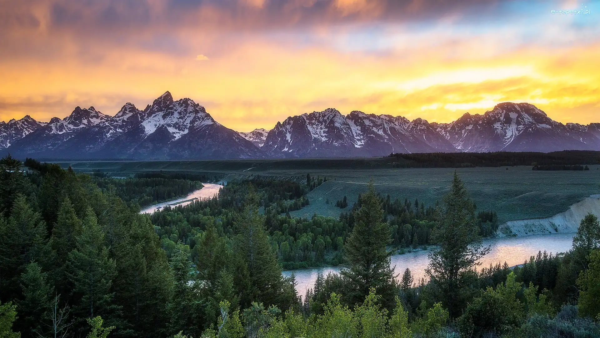 Góry, Wyoming, Drzewa, Zachód słońca, Park Narodowy Grand Teton, Rzeka, Snake River, Stany Zjednoczone