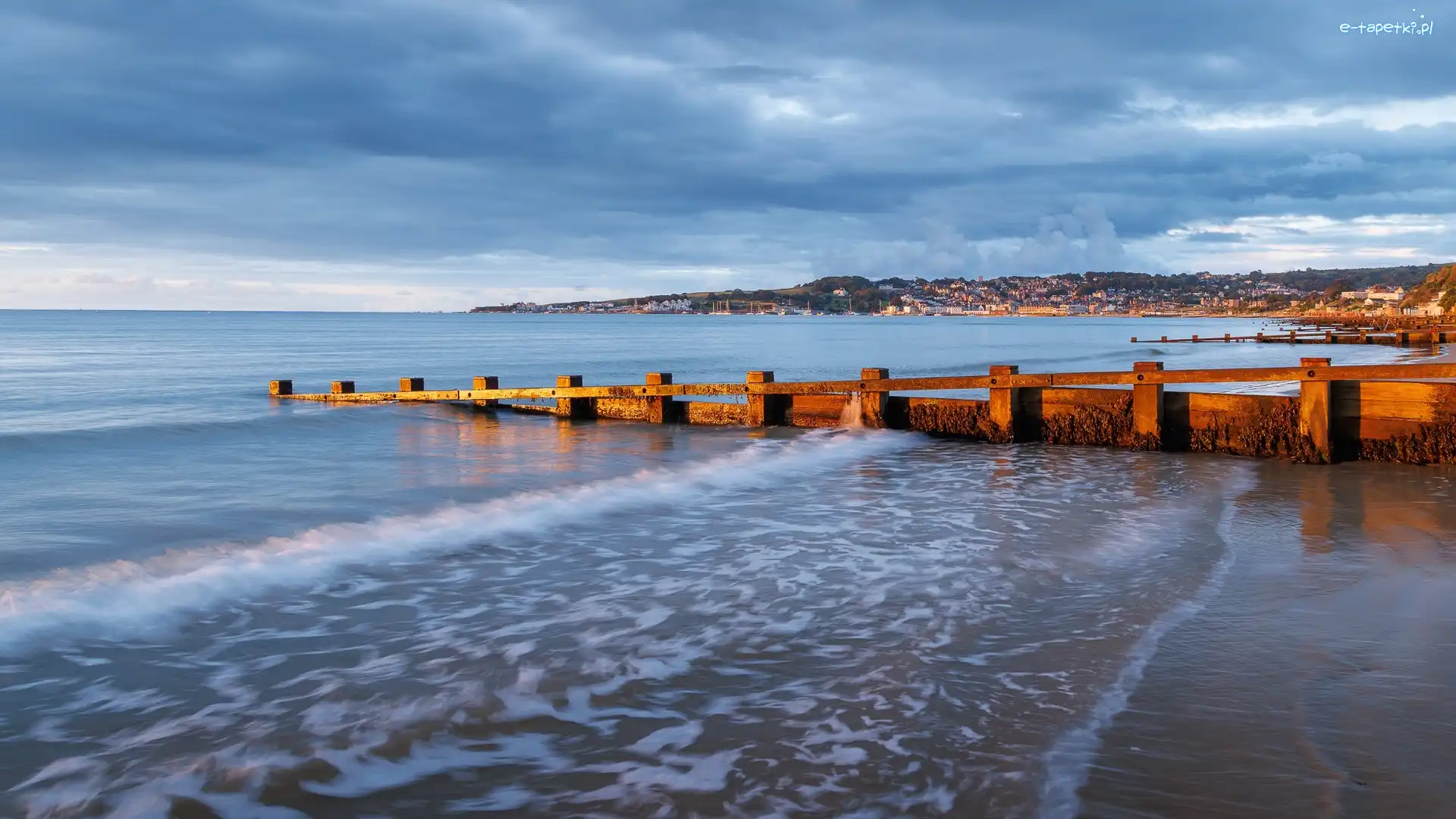 Wybrzeże, Wschód słońca, Drewniane, Fala, Morze, Anglia, Dorset, Falochrony, Swanage