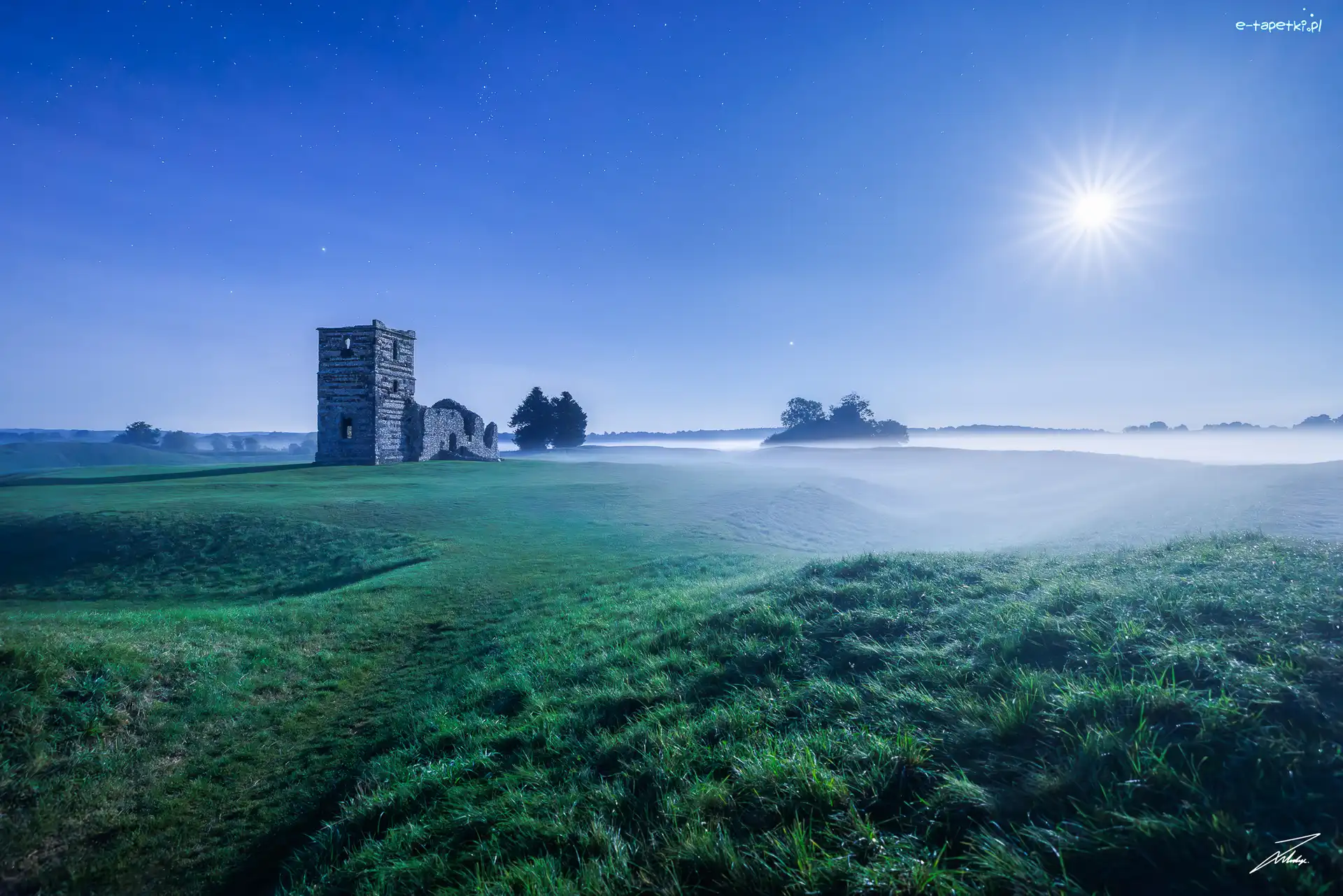 Łąka, Kościół, Knowlton, Hrabstwo Dorset, Anglia, Zachód słońca, Drzewa, Ruiny, Trawa