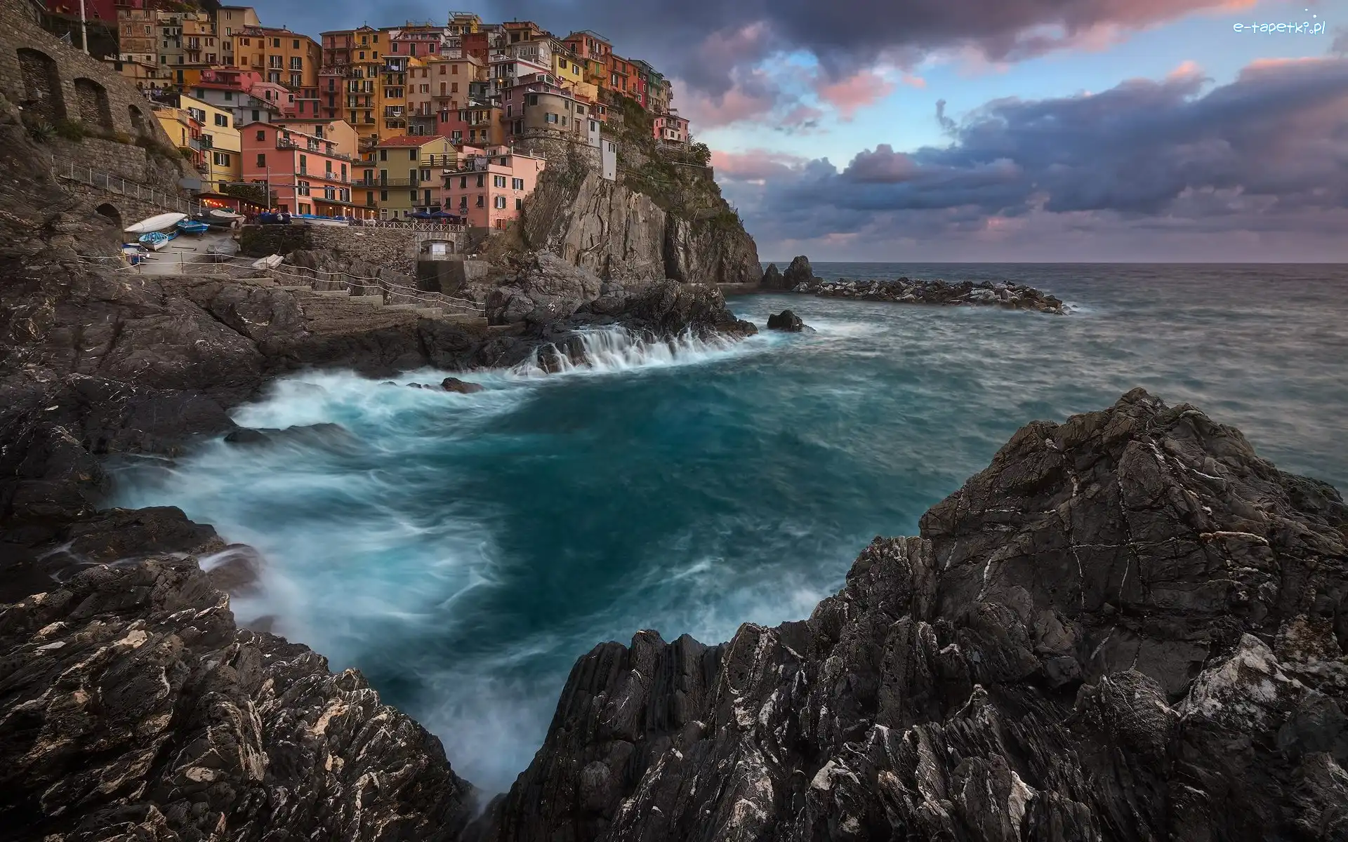 Chmury, Skały, Region Liguria, Morze Liguryjskie, Włochy, Domy, Manarola