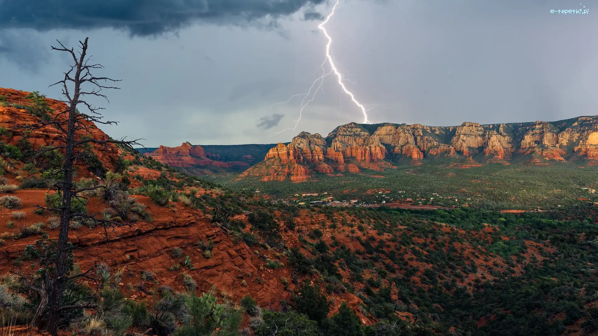 Drzewo, Sedona, Skały, Arizona, Stany Zjednoczone, Piorun, Chmury
