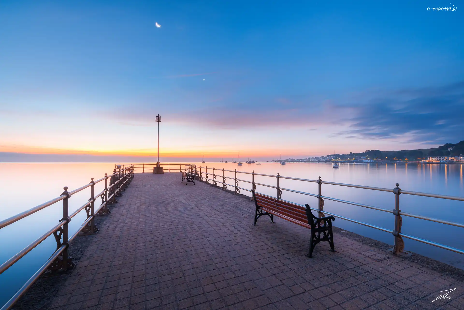 Wybrzeże Jurajskie, Kanał La Manche, Molo, Księżyc, Zachód słońca, Anglia, Dorset, Ławki, Swanage