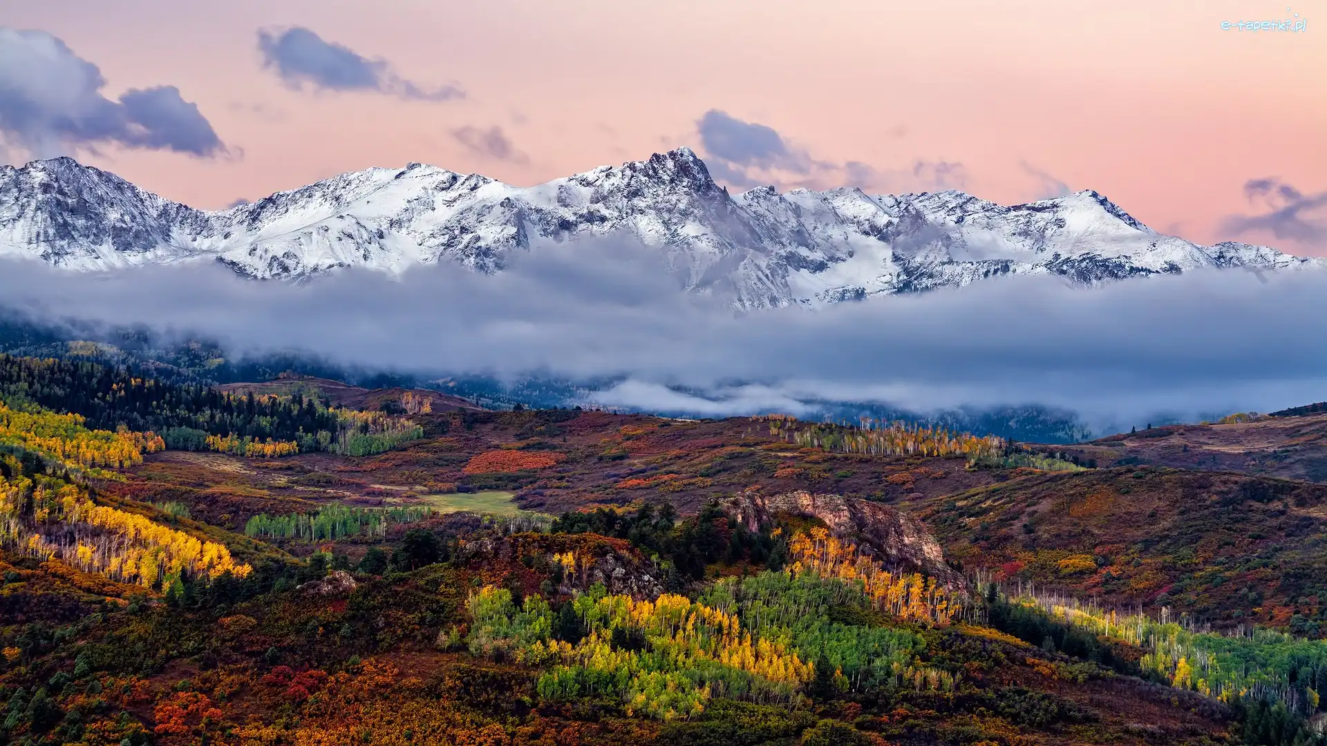 Lasy, Jesień, Pożółkłe, Kolorado, Chmury, Szczyt, Góry Skaliste, Mgła, Mount Sneffels, Stany Zjednoczone, Drzewa
