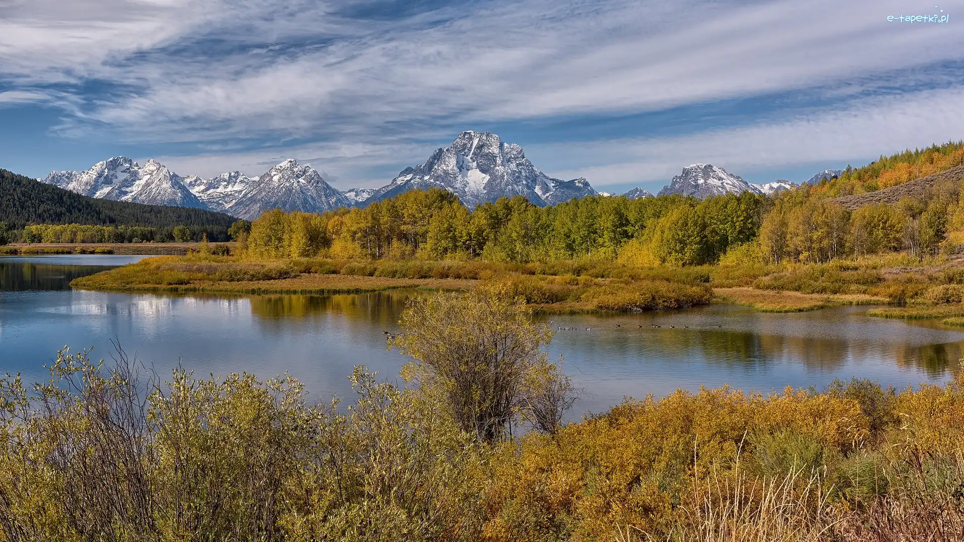 Rzeka, Grand Teton, Park Narodowy Grand Teton, Wyoming, Stany Zjednoczone, Drzewa, Jesień, Góry, Snake River