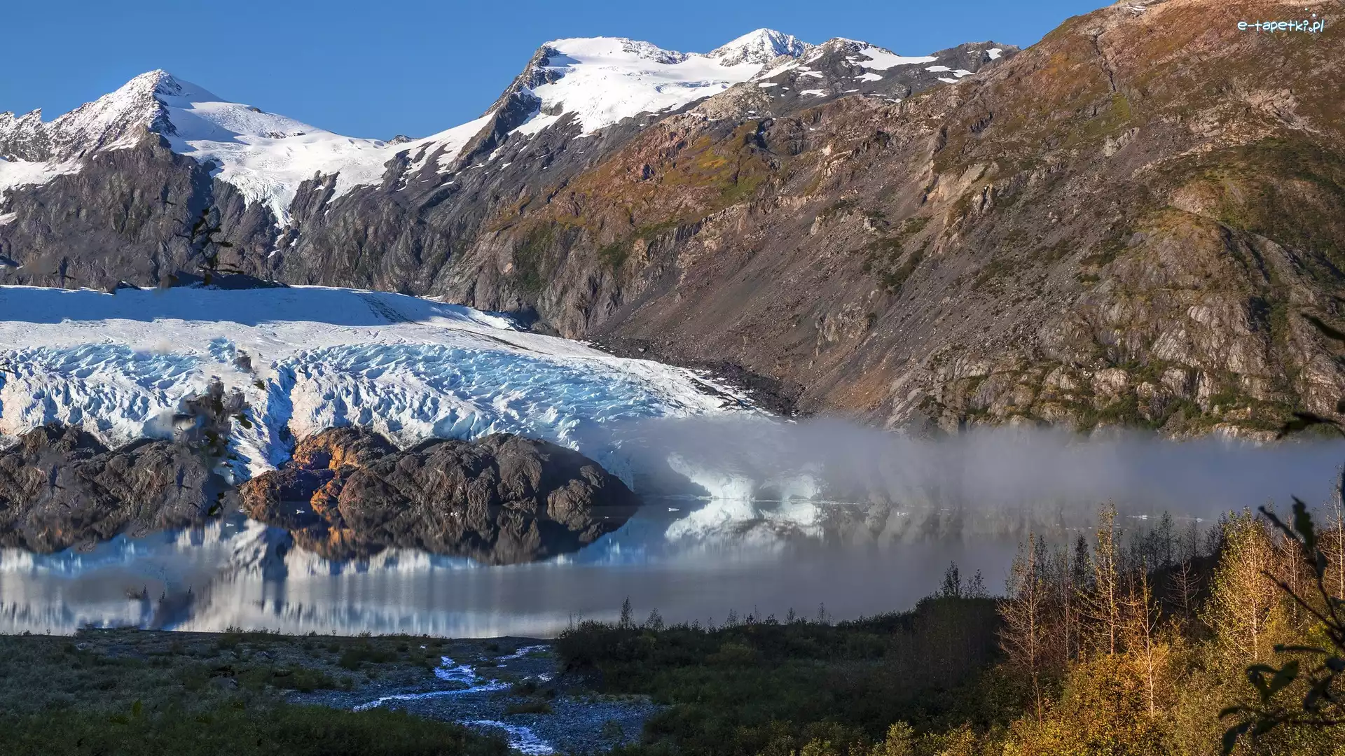 Portage Glacier, Lodowiec, Śnieg, Skały, Góry, Stany Zjednoczone, Alaska, Jezioro Portage, Drzewa