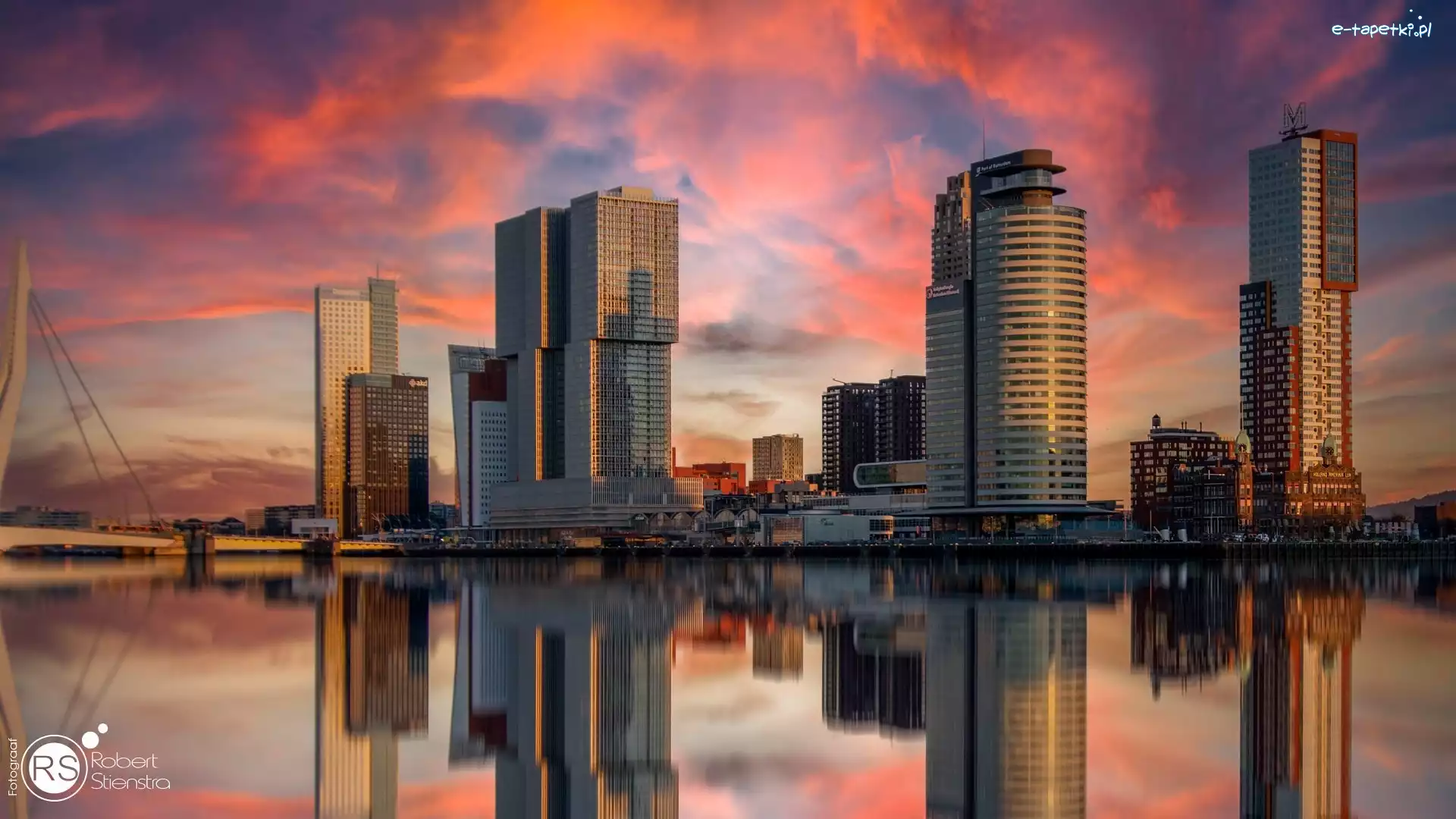 Holandia, Erasmus Bridge, Odbicie, Most, Wieżowce, Rotterdam, Zachodu słońca