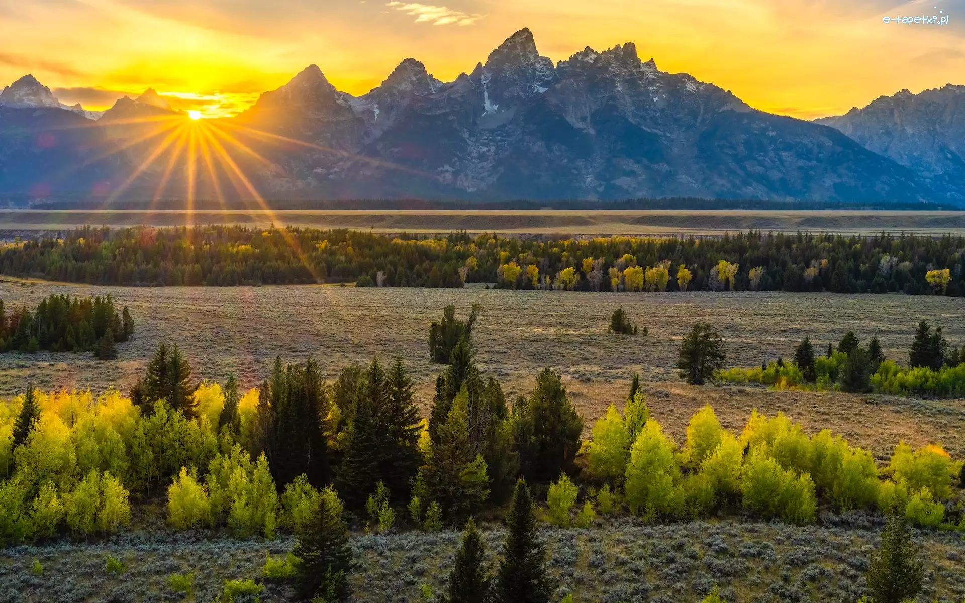 Góry, Park Narodowy Grand Teton, Promienie słońca, Drzewa, Wyoming, Stany Zjednoczone