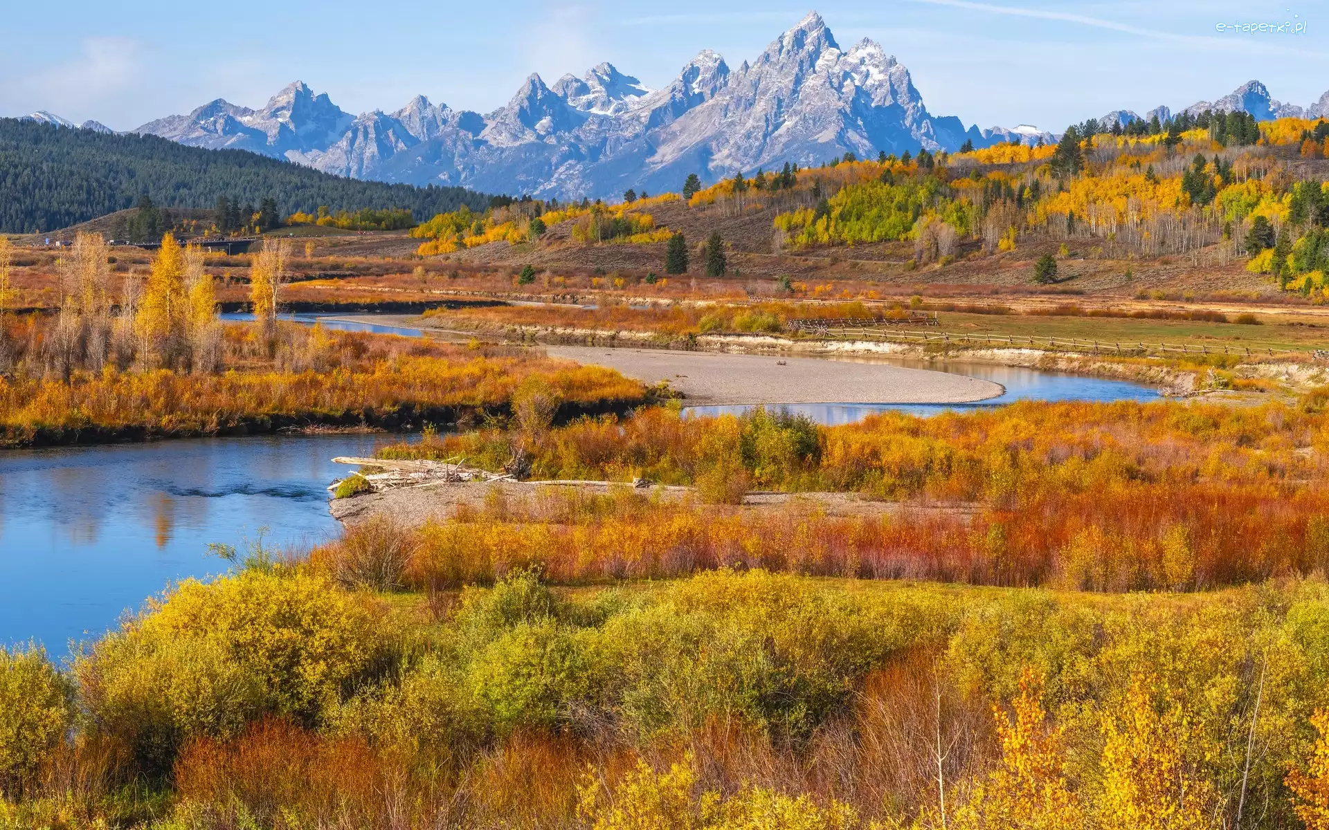 Rzeka Snake River, Góry, Stany Zjednoczone, Jesień, Las, Drzewa, Krzewy, Park Narodowy Grand Teton, Teton Range, Stan Wyoming