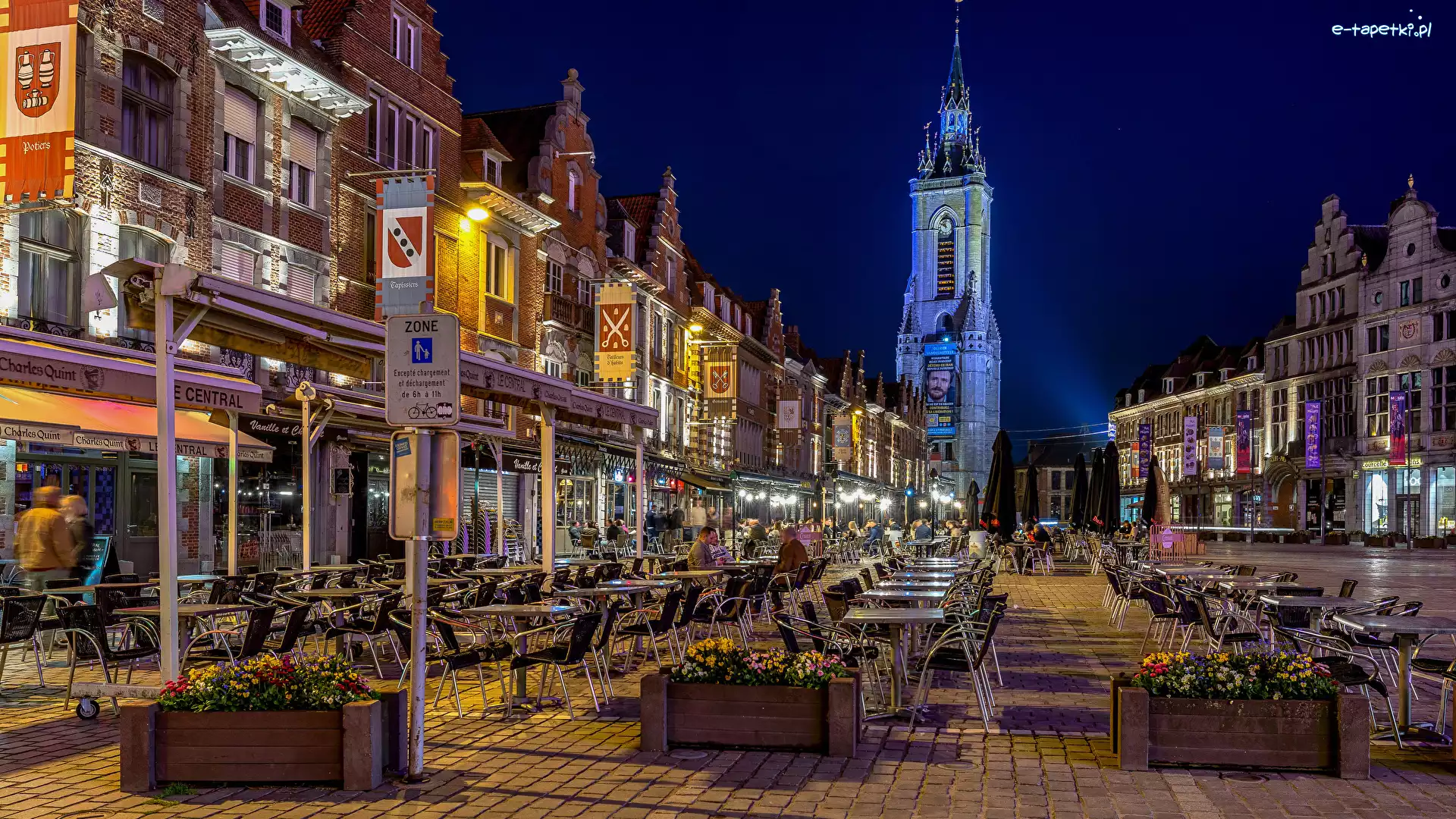 Noc, Tournai, Wieża, Miasto, Belgia, Kawiarnia, Domy