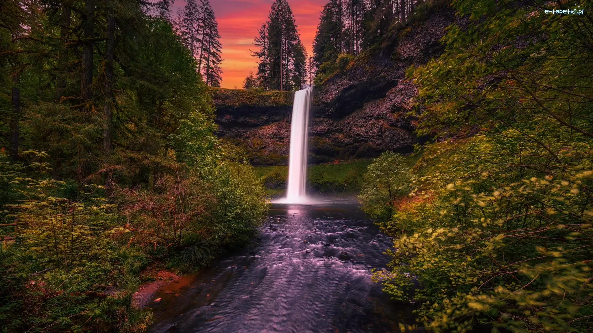 South Falls, Wodospad, Park stanowy, Oregon, Stany Zjednoczone, Skały, Zachód słońca, Silver Falls State Park, Drzewa