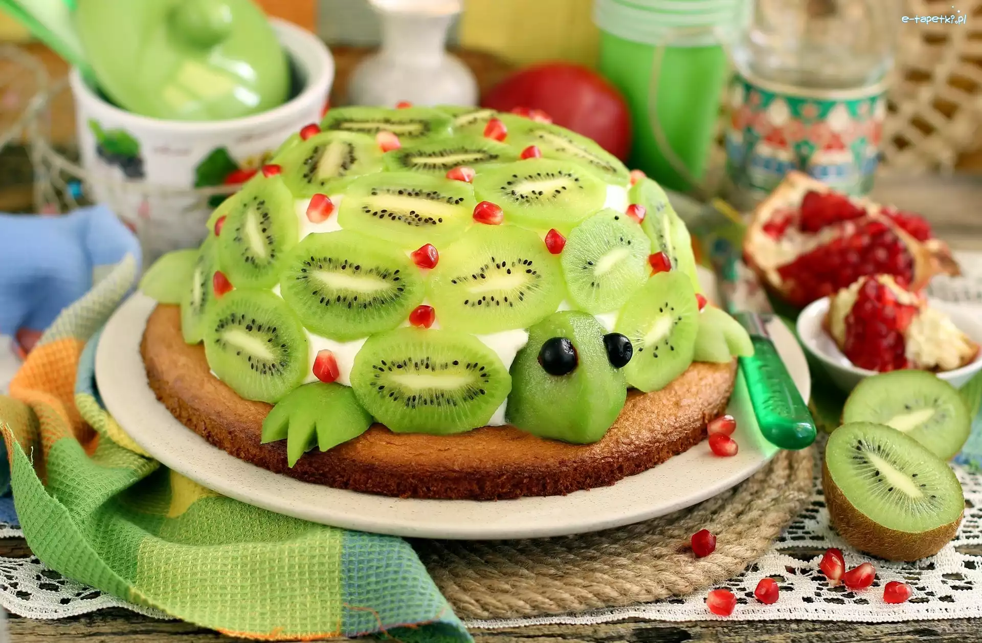 Talerz, Kształt, Kiwi, Owoce, Żółw, Podkładka, Ściereczka, Ciasto