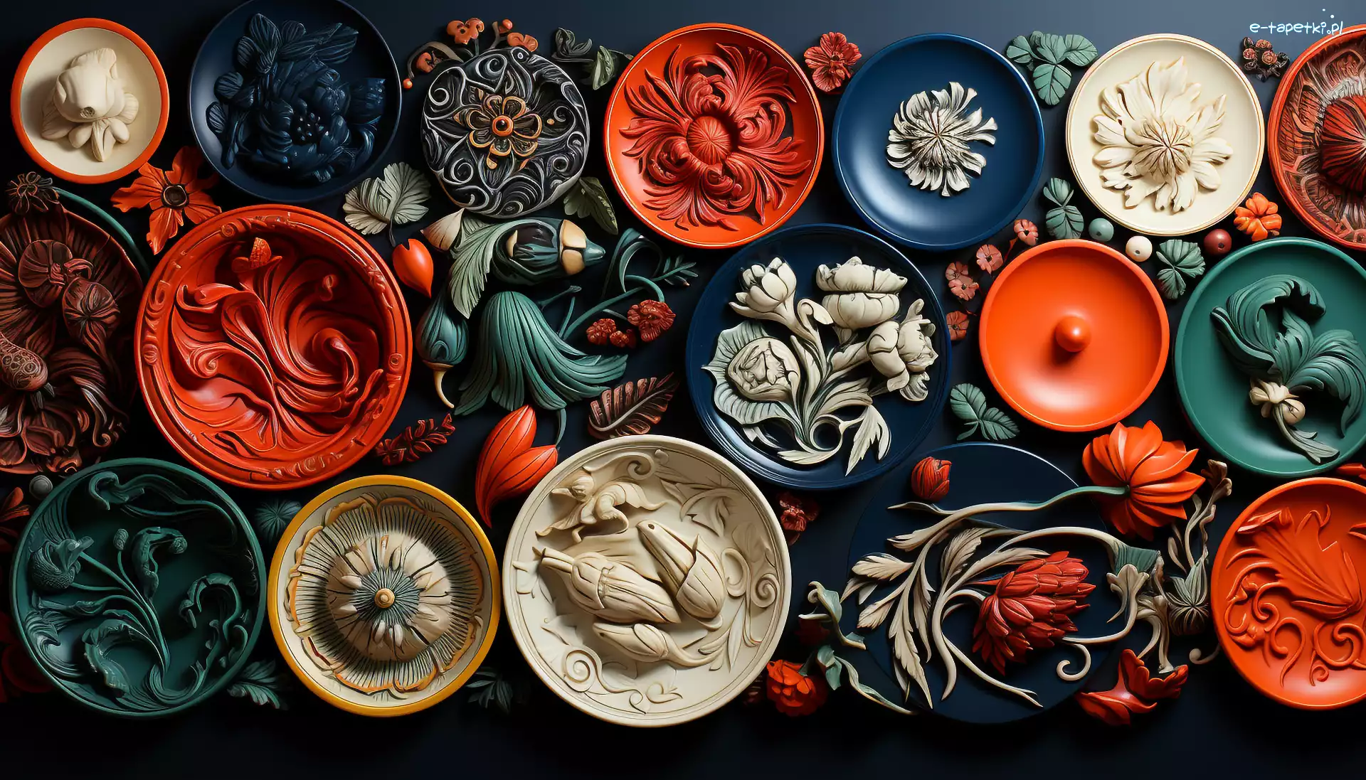 Rośliny, Ceramiczne, Kwiaty, Grafika, Miski, Kolorowe