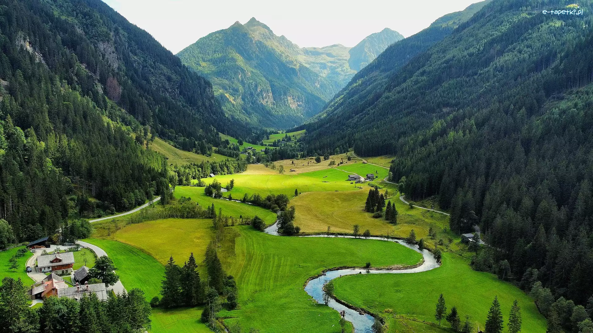 Alpy, Domy, Góry, Austria, Rzeka, Dolina