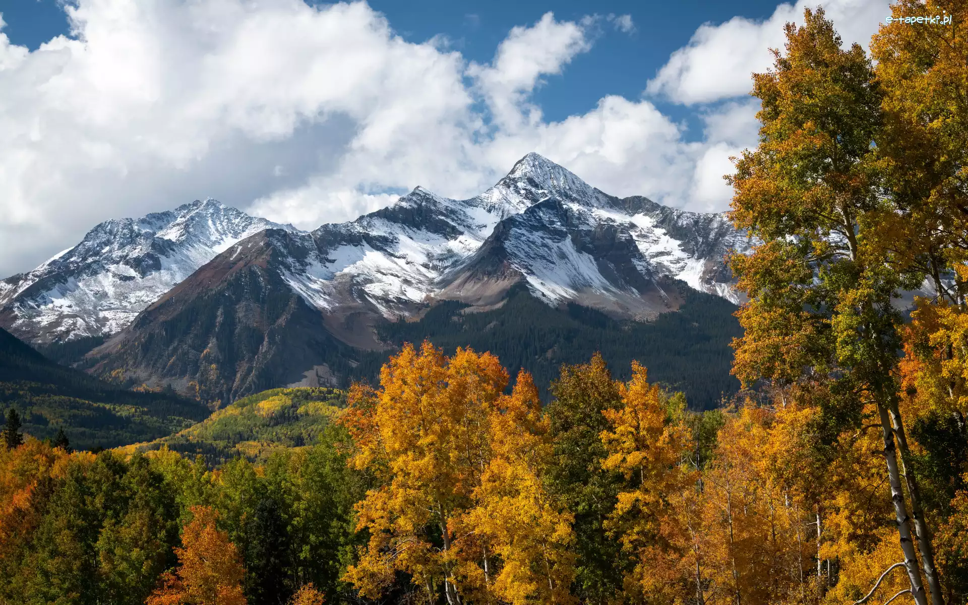 San Juan Mountains, Góry, Telluride, Kolorado, Stany Zjednoczone, Chmury, Drzewa, Jesień, Las
