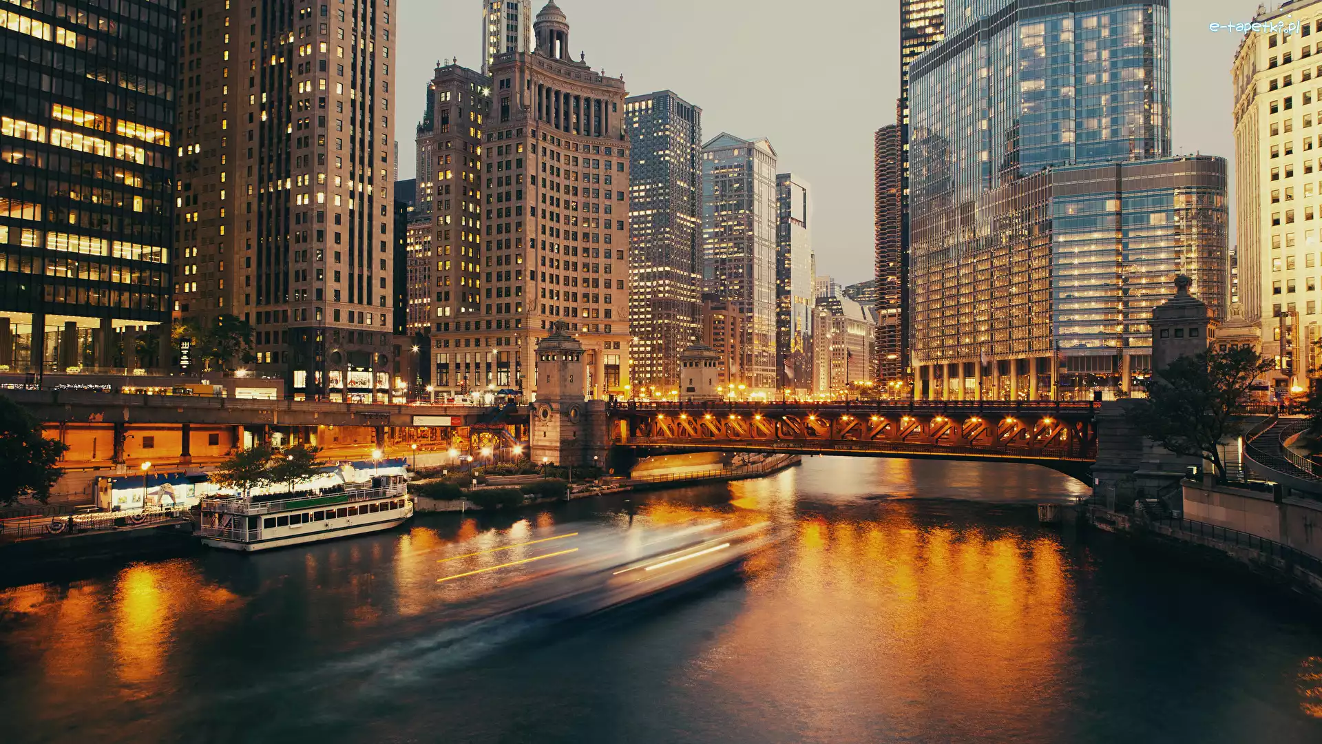 Rzeka, Chicago, Wieżowce, Miasto, Stany Zjednoczone, Most, Domy