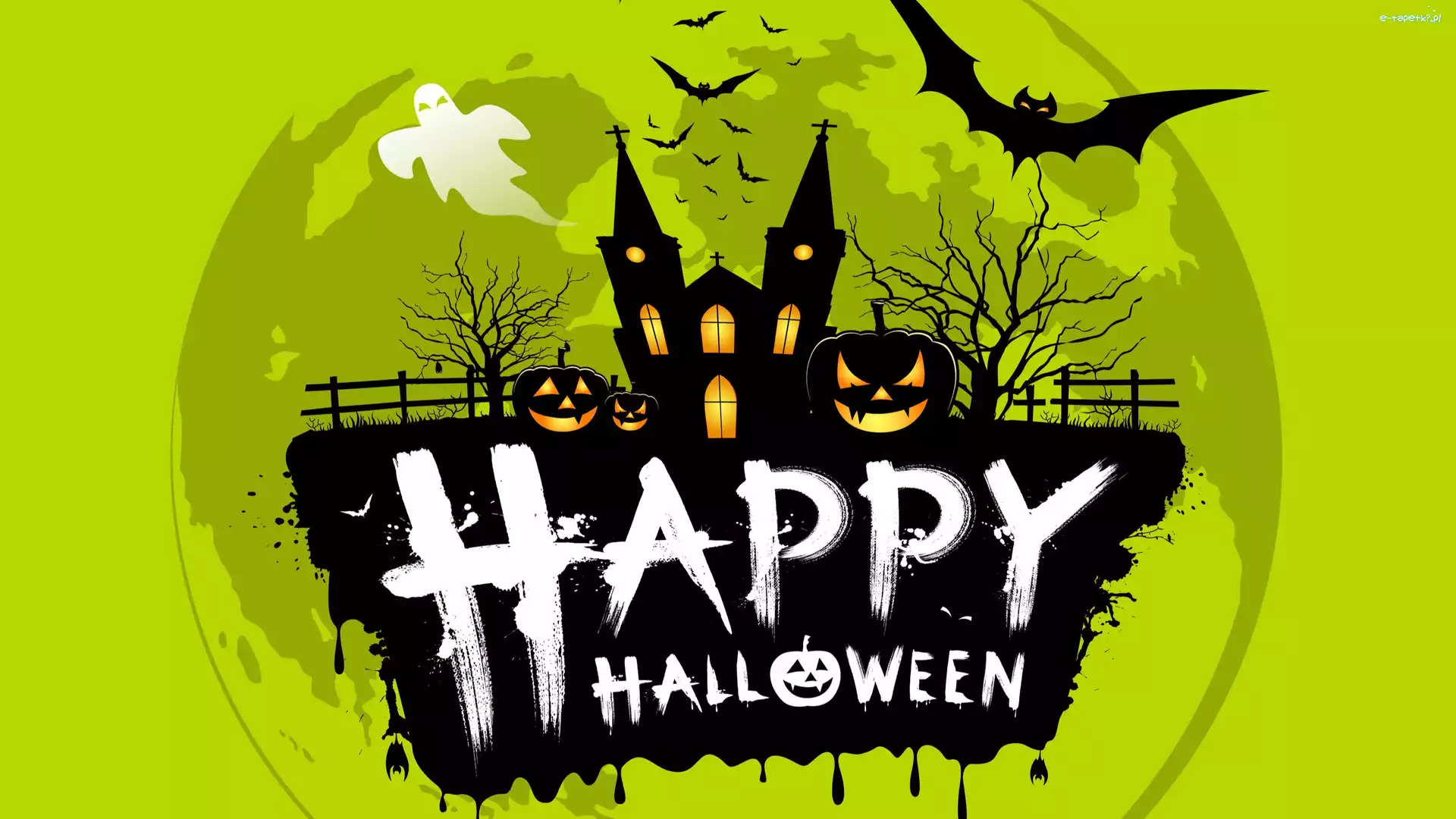 Zielone, Nietoperze, Zamek, Happy Halloween, Halloween, Płot, Drzewa, Dynie, Tło