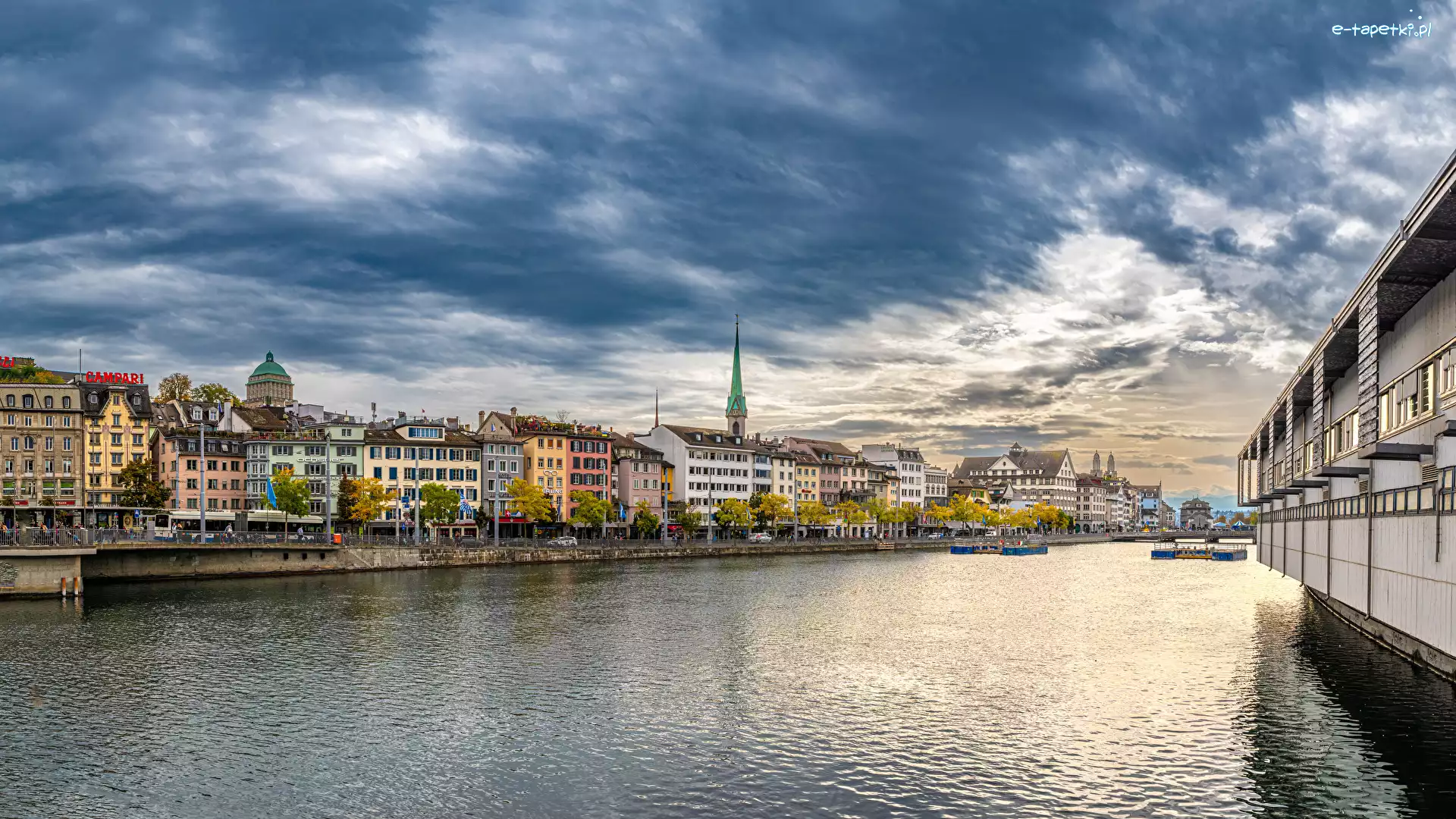 Chmury, Zurych, Rzeka Limmat, Miasto, Szwajcaria, Niebo, Domy