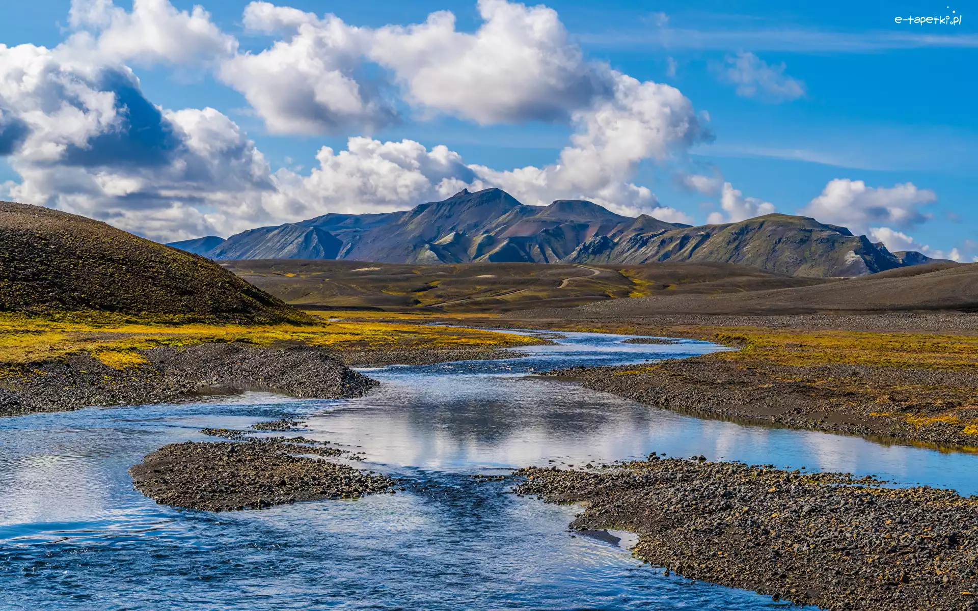 Rzeka, Góry, Kręta, Chmury, Landmannalaugar, Islandia