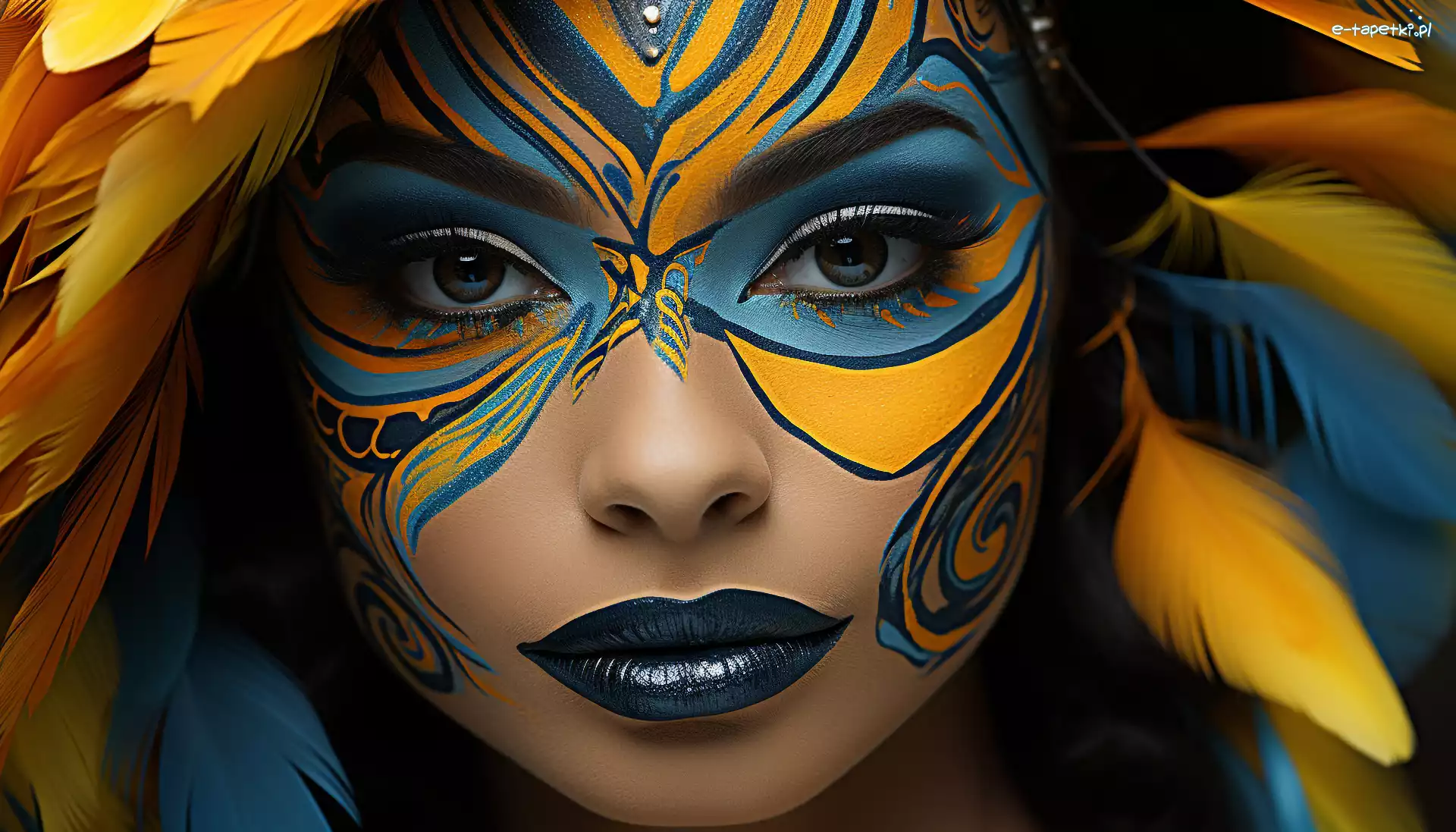Bodypainting, Pomalowana, Twarz, Kobieta, Młoda, Grafika Kobieta, Pióra