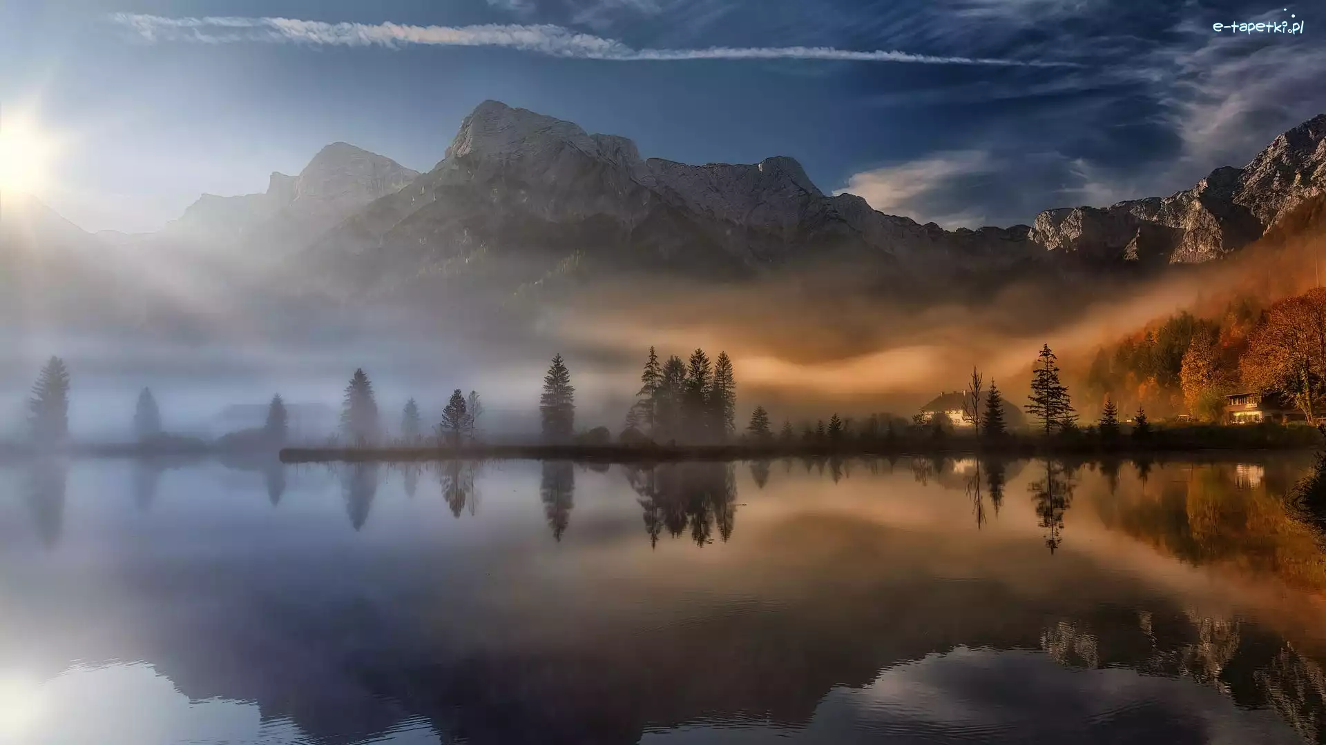 Domy, Almsee, Wschód słońca, Mgła, Góry, Austria, Odbicie, Jezioro, Drzewa