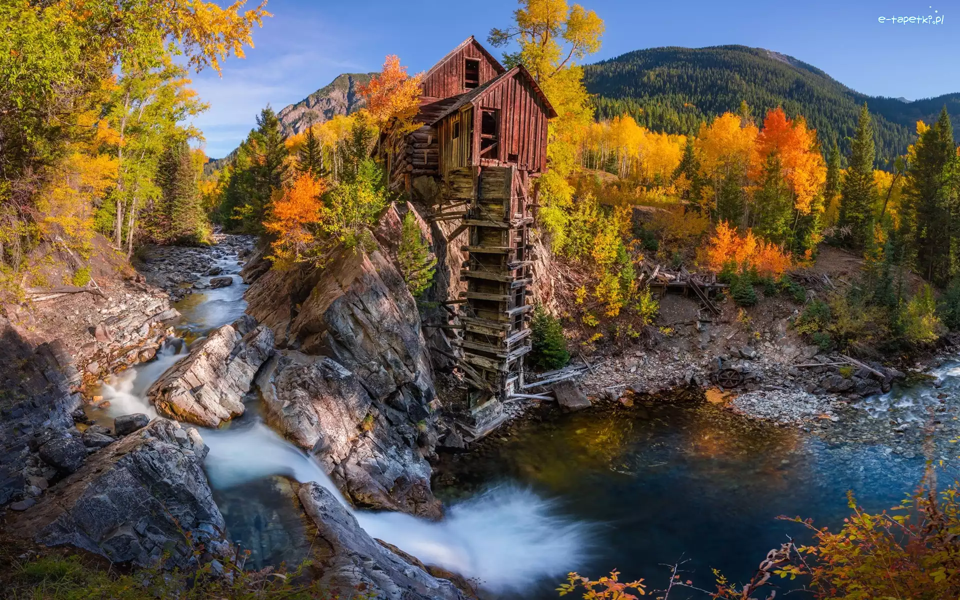 Rzeka, Młyn, Crystal Mill, Kolorado, Stany Zjednoczone, Drzewa, Jesień