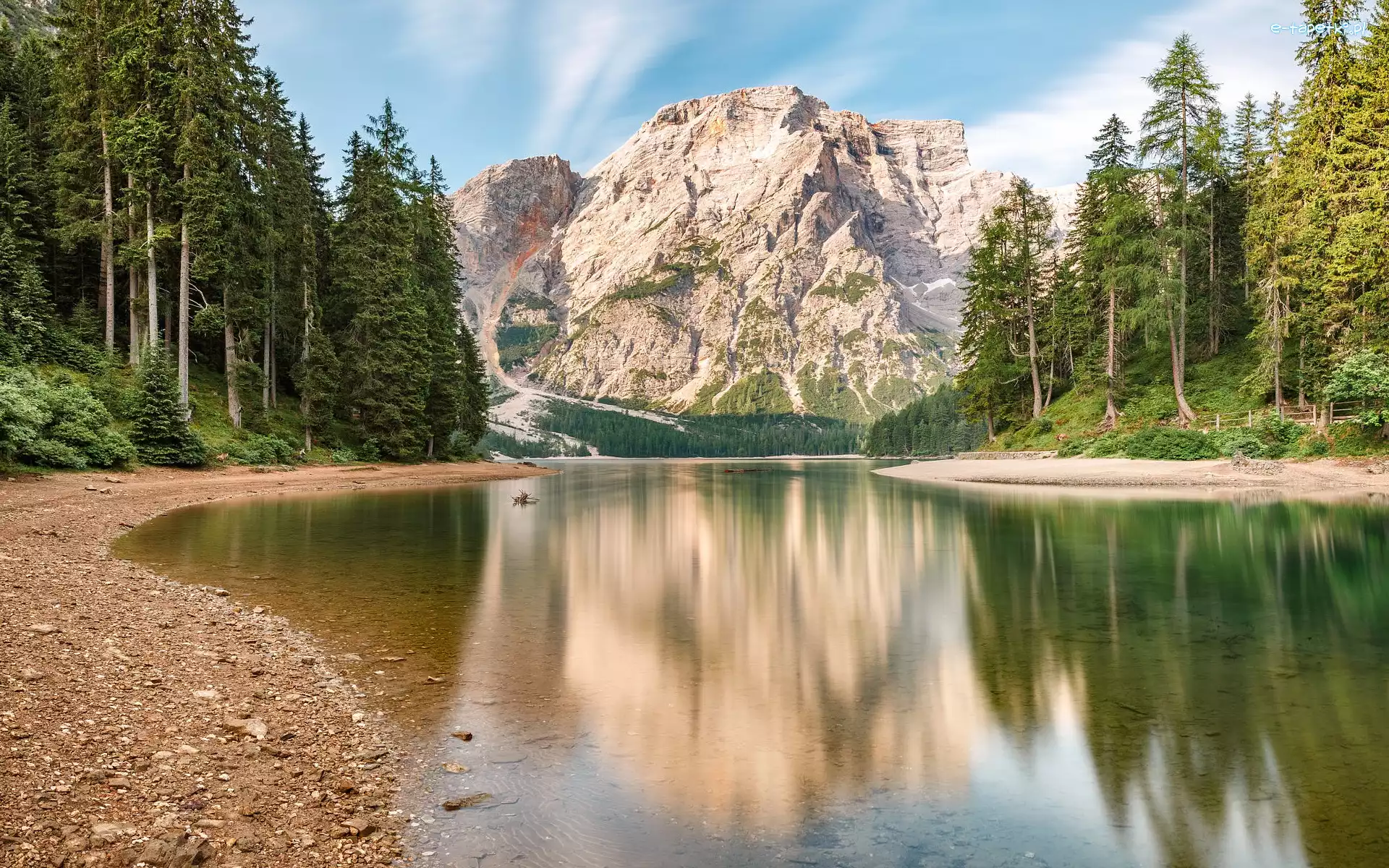 Drzewa, Pragser Wildsee, Lago di Braies, Jezioro, Włochy, Dolomity, Góry
