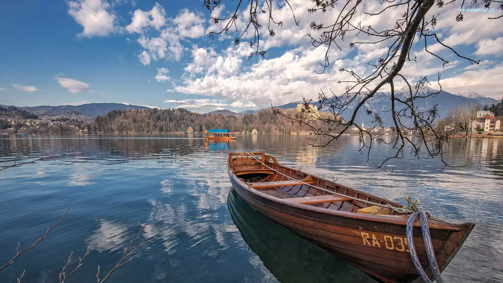 Góry, Bled Lake, Słowenia, Domy, Łódka, Alpy Julijskie, Drzewa, Jezioro