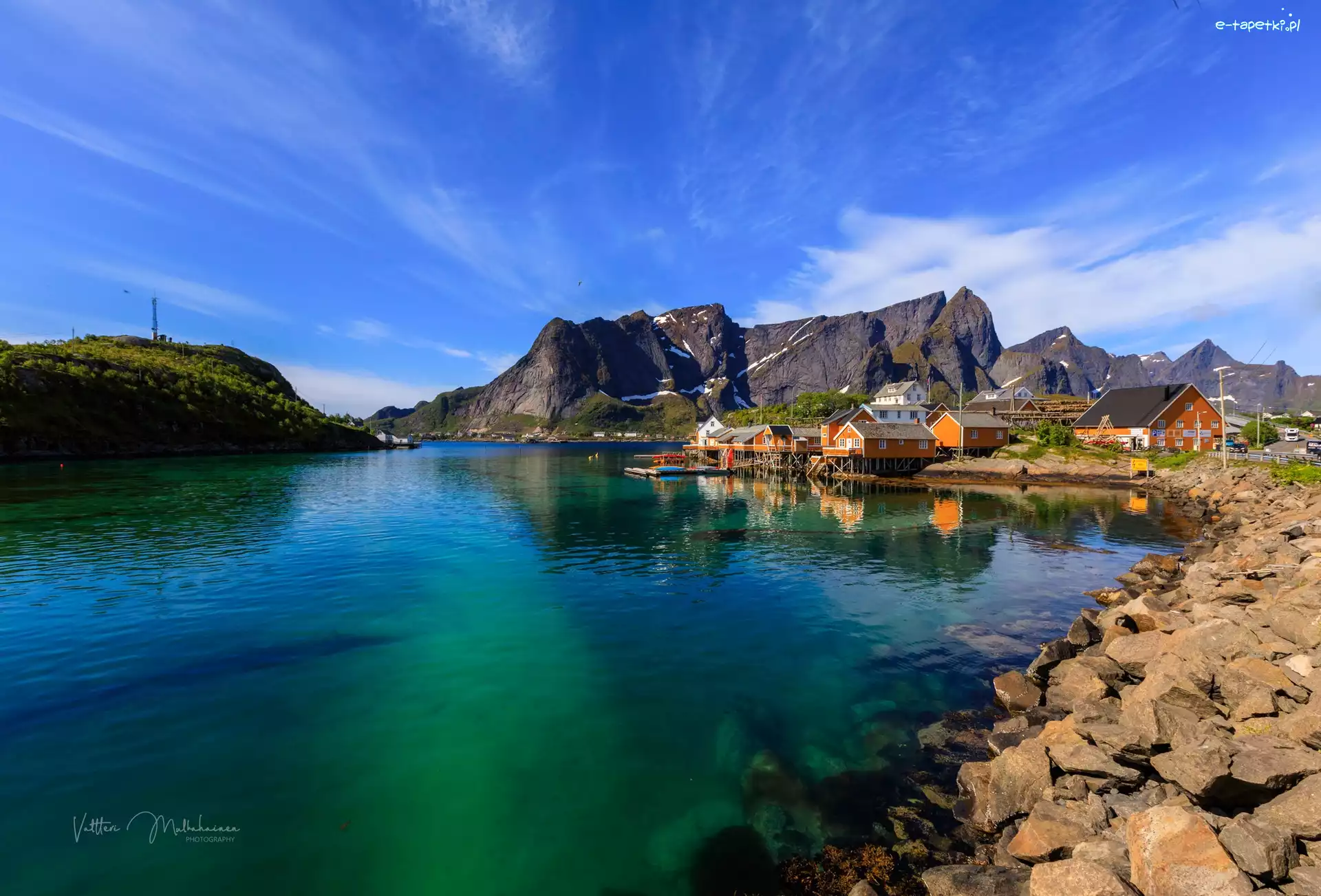 Niebo, Góry, Domy, Lofoty, Norwegia, Kamienie, Morze Norweskie