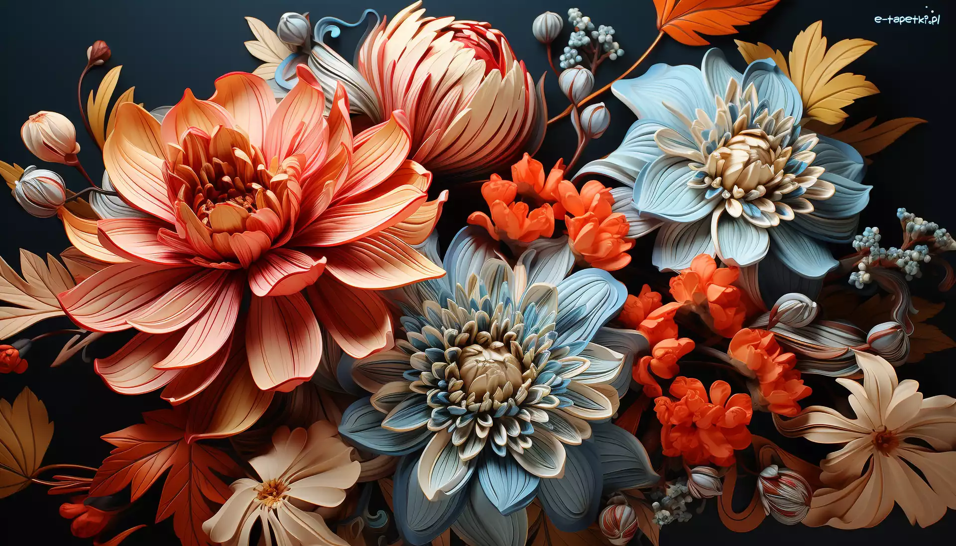 Kwiaty, Niebieskie, Pomarańczowe, Grafika, Kolorowe
