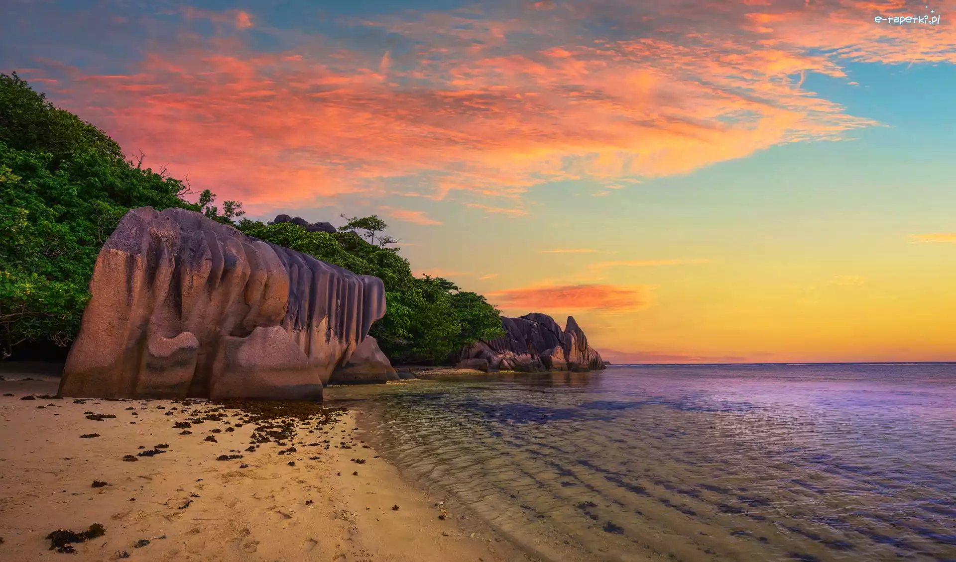 Anse Source dArgent, Plaża, La Digue, Wyspa, Seszele, Zachód słońca, Drzewa, Morze, Skały