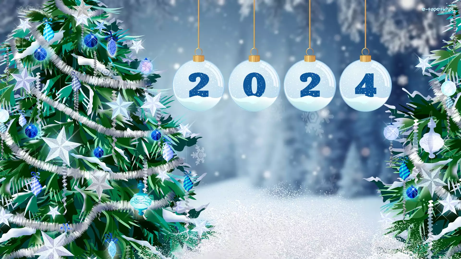 Choinki, Nowy Rok, Grafika, Data, 2024, Śnieg, Bombki, Święta