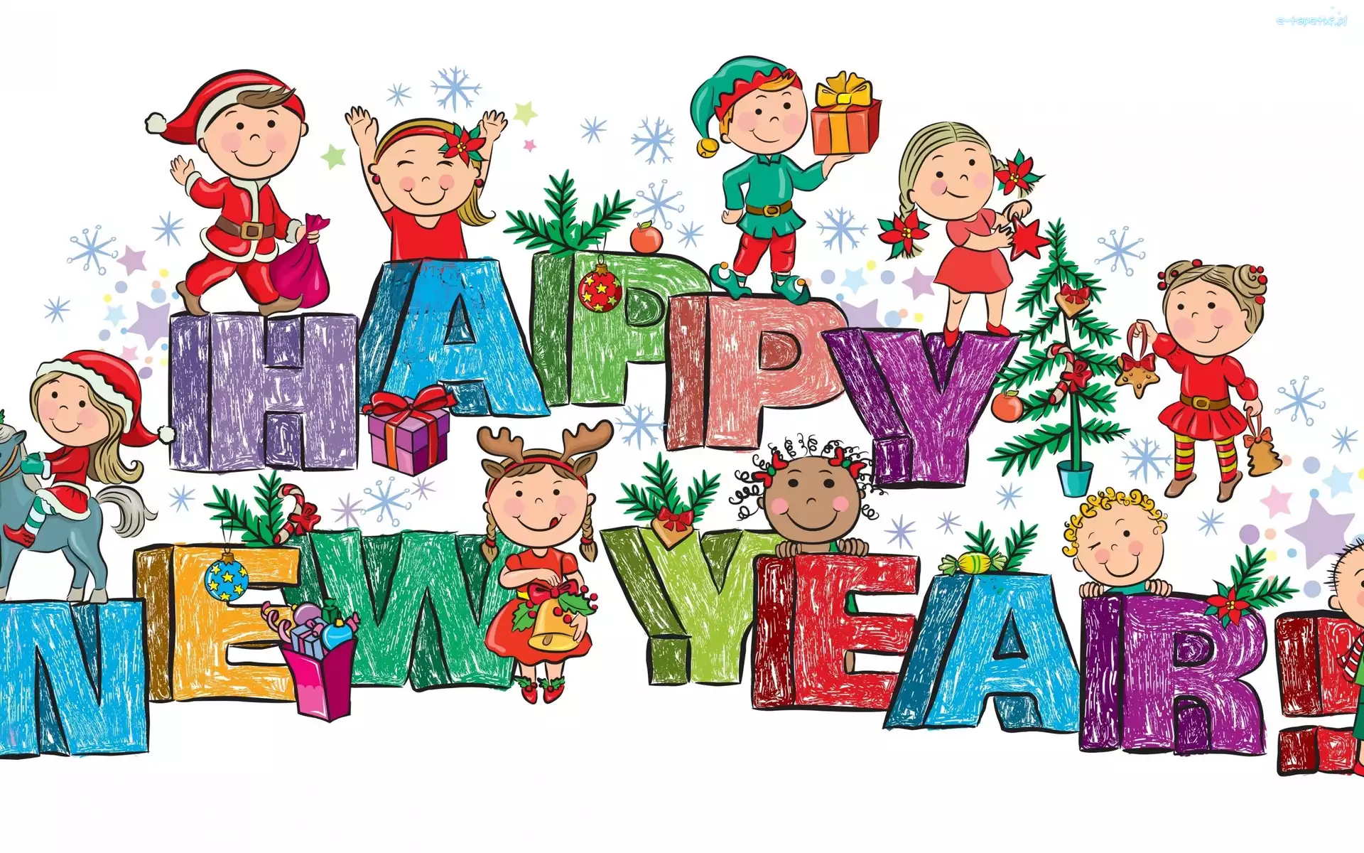 Bombki, Sylwester, Napis, Dzieci, Tło, Prezenty, Ozdoby, Białe, Choinka, Wesołe, Happy New Year