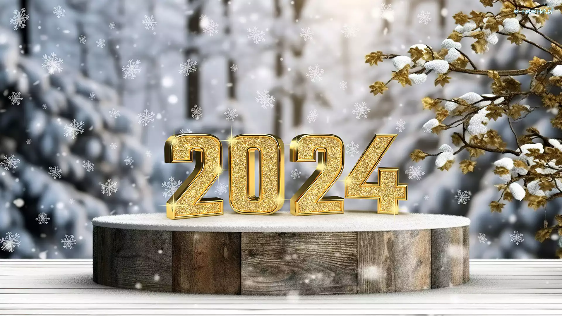 2024, Cyfry, Drzewa, Ośnieżone, Data, Podium, Deski, Nowy Rok