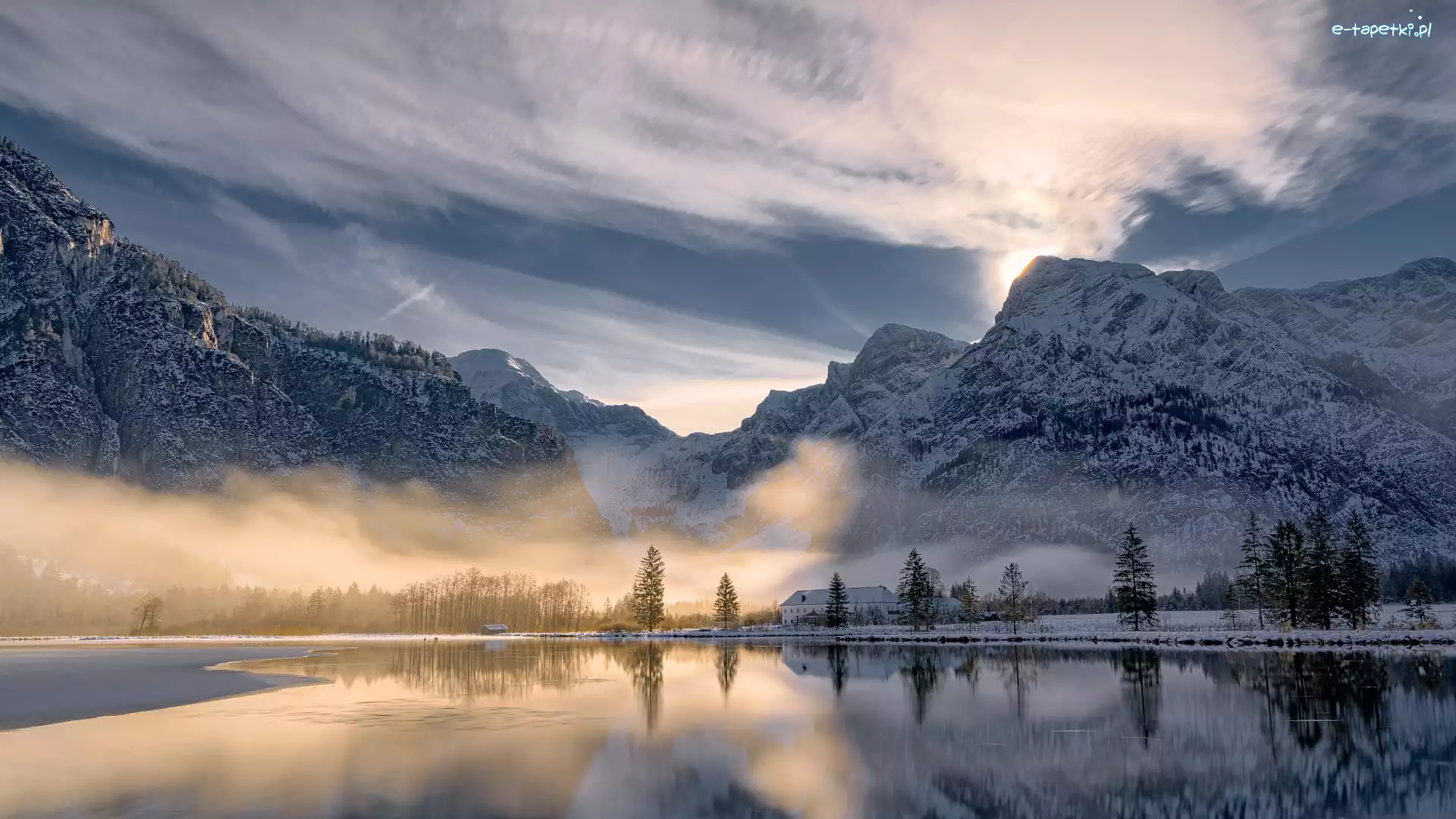 Austria, Góry, Drzewa, Jezioro Almsee, Zima, Wschód słońca, Mgła