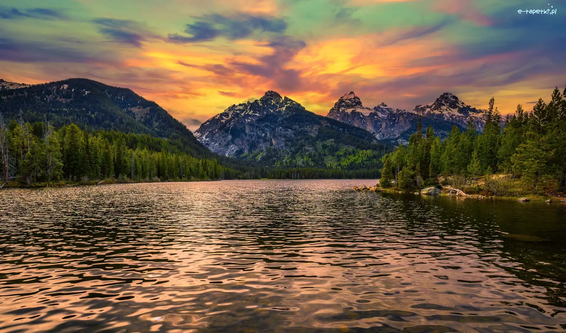 Taggart Lake, Jezioro, Stany Zjednoczone, Wyoming, Park Narodowy Grand Teton, Zachód słońca, Drzewa, Góry, Las