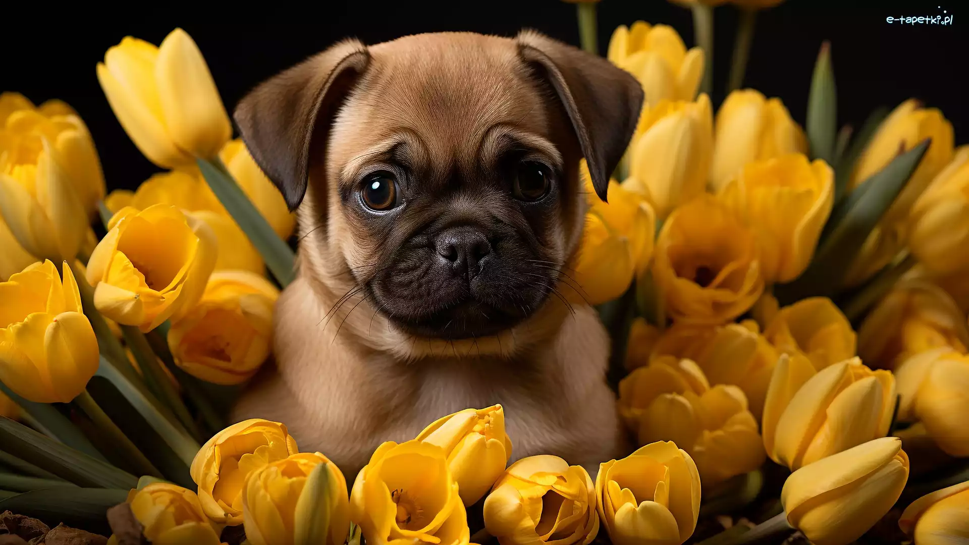Mops, Tulipany, Żółte, Szczeniak