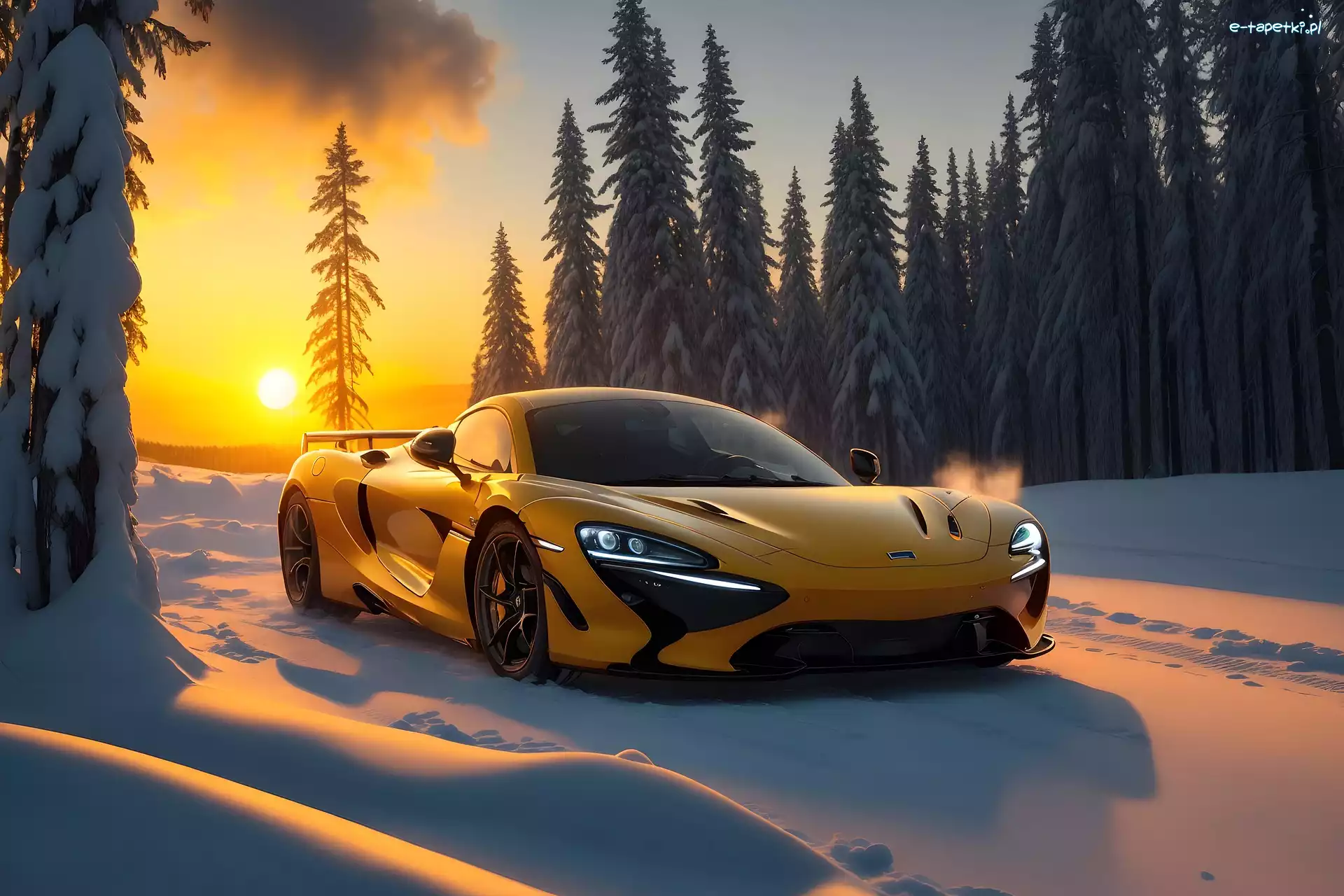 Zachód słońca, Zima, Las, Grafika, Mclaren, Samochód