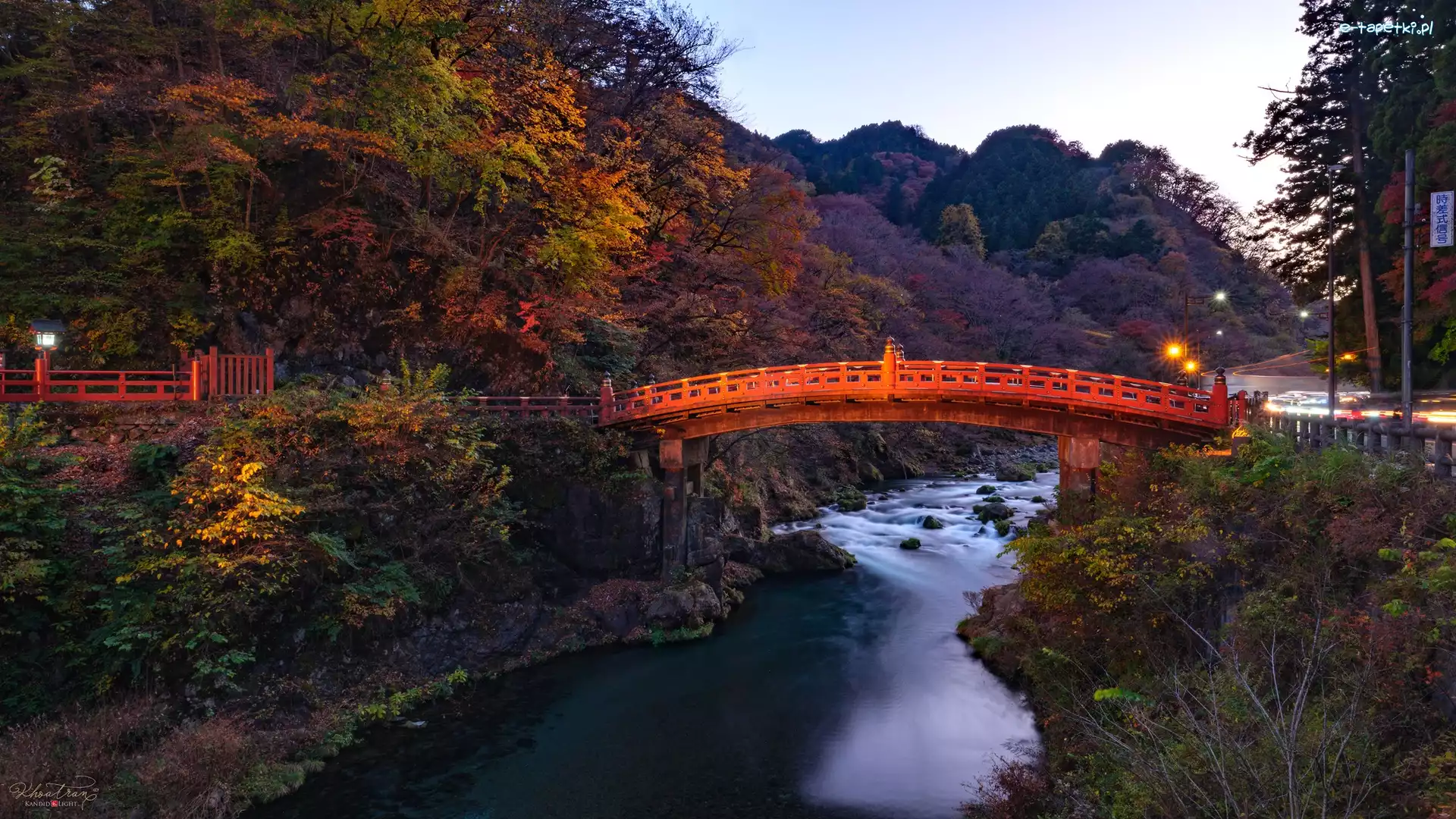 Jesień, Most, Japonia, Drzewa, Rzeka, Daiya River, Las, Oświetlony, Shinkyo Bridge, Nikko