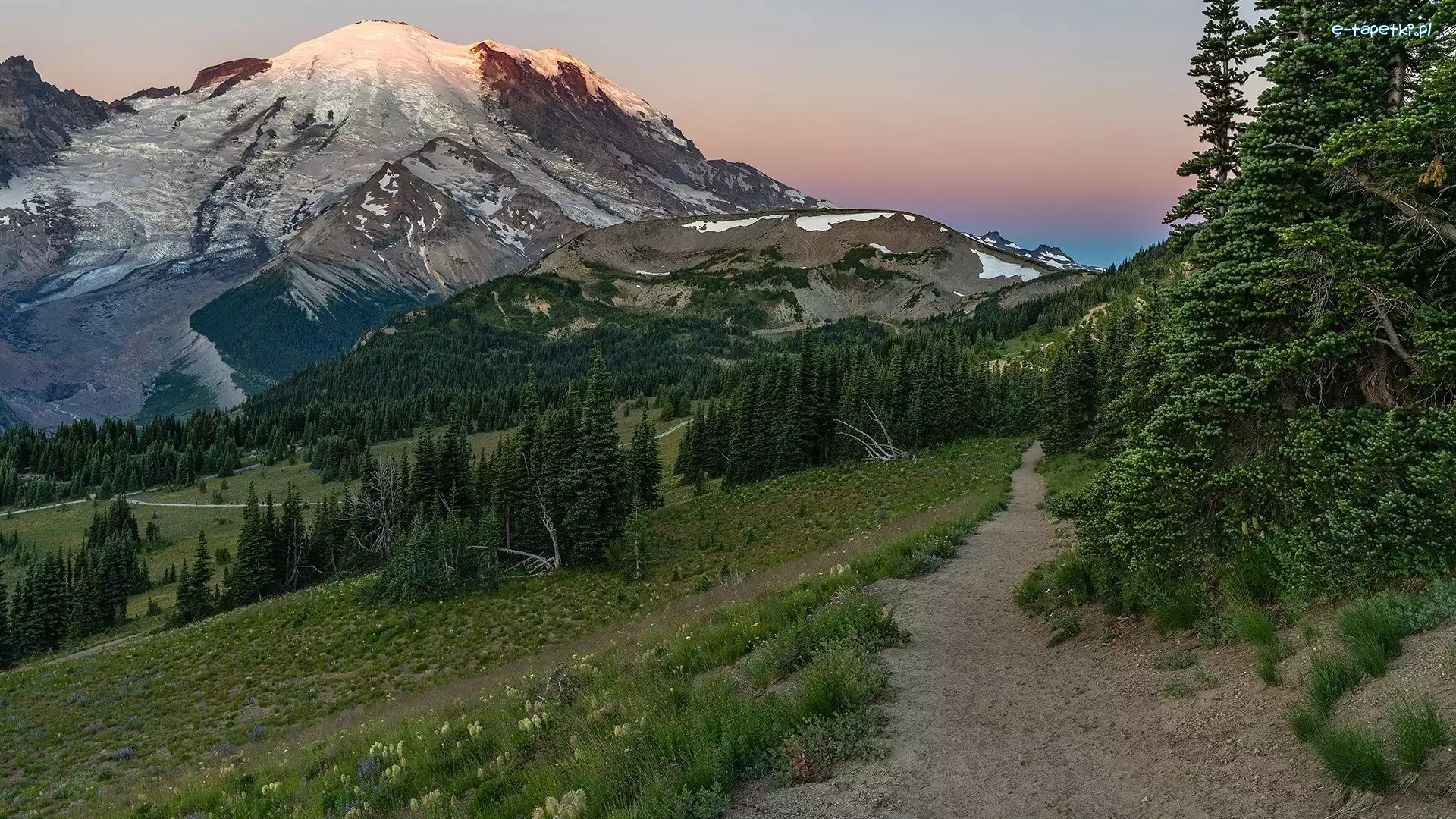 Park Narodowy Mount Rainier, Góry, Stany Zjednoczone, Mount Rainier, Droga, Drzewa, Stratowulkan, Wschód słońca, Śnieg, Stan Waszyngton