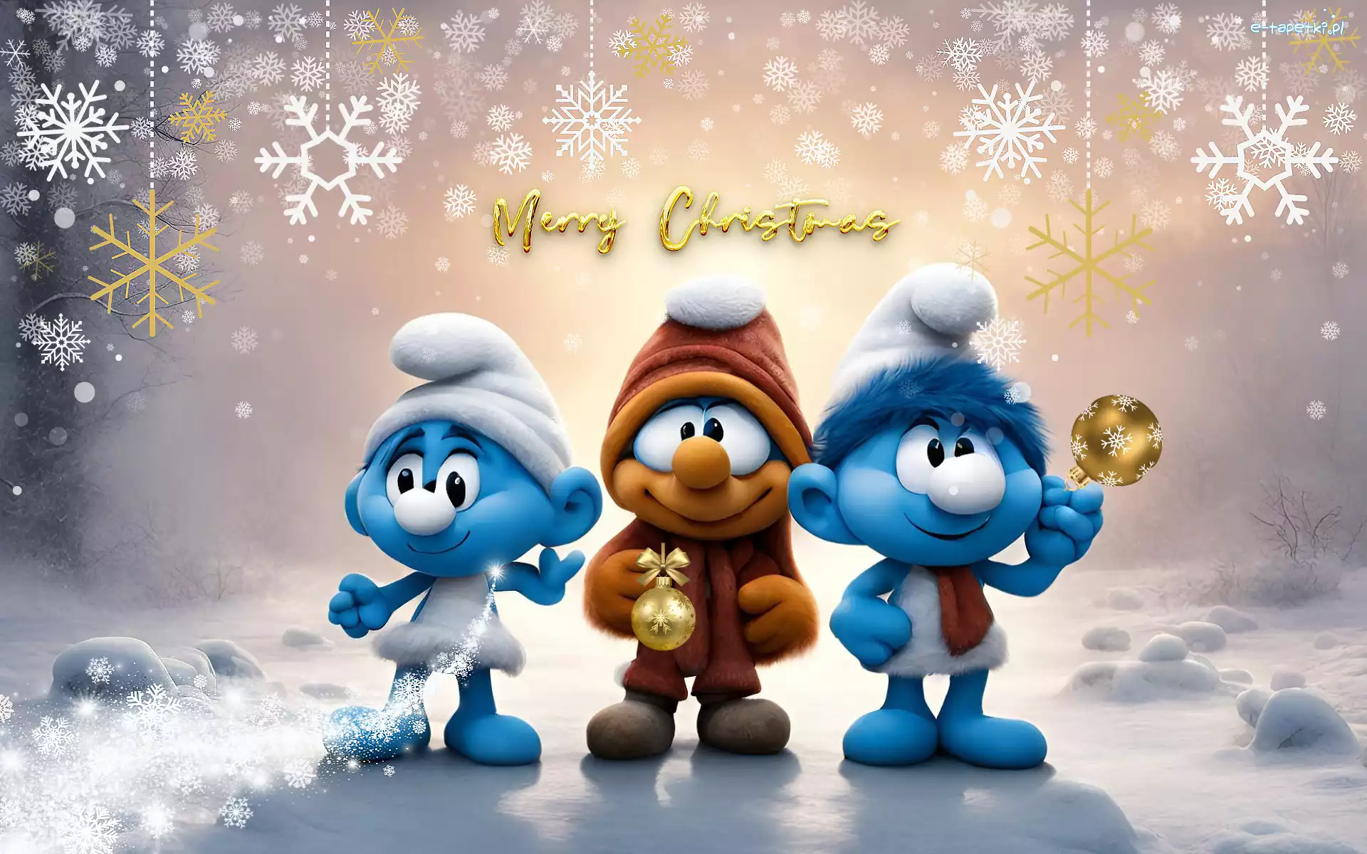 Smerfy, Napis, Śnieżynki, Boże Narodzenie, Merry Christmas